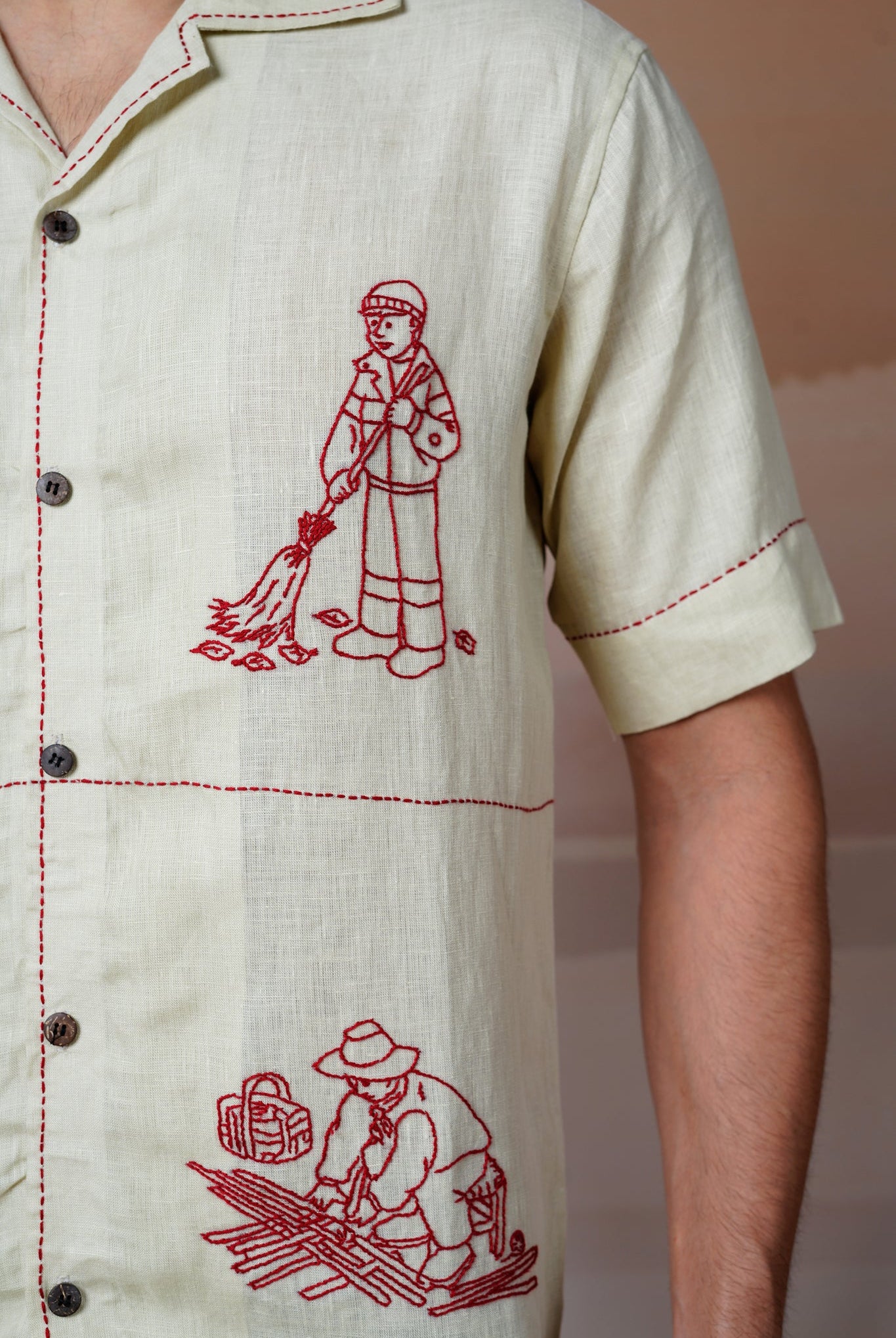 Hands at Work - Hand Embroidered Unisex Linen Shirt - CiceroniShirtsCultura Studio