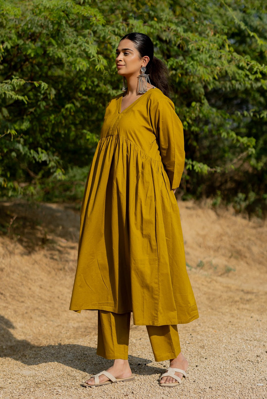 Henna Green Gathered Kurta Set - CiceroniKurta Set, Everyday WearMaidaan