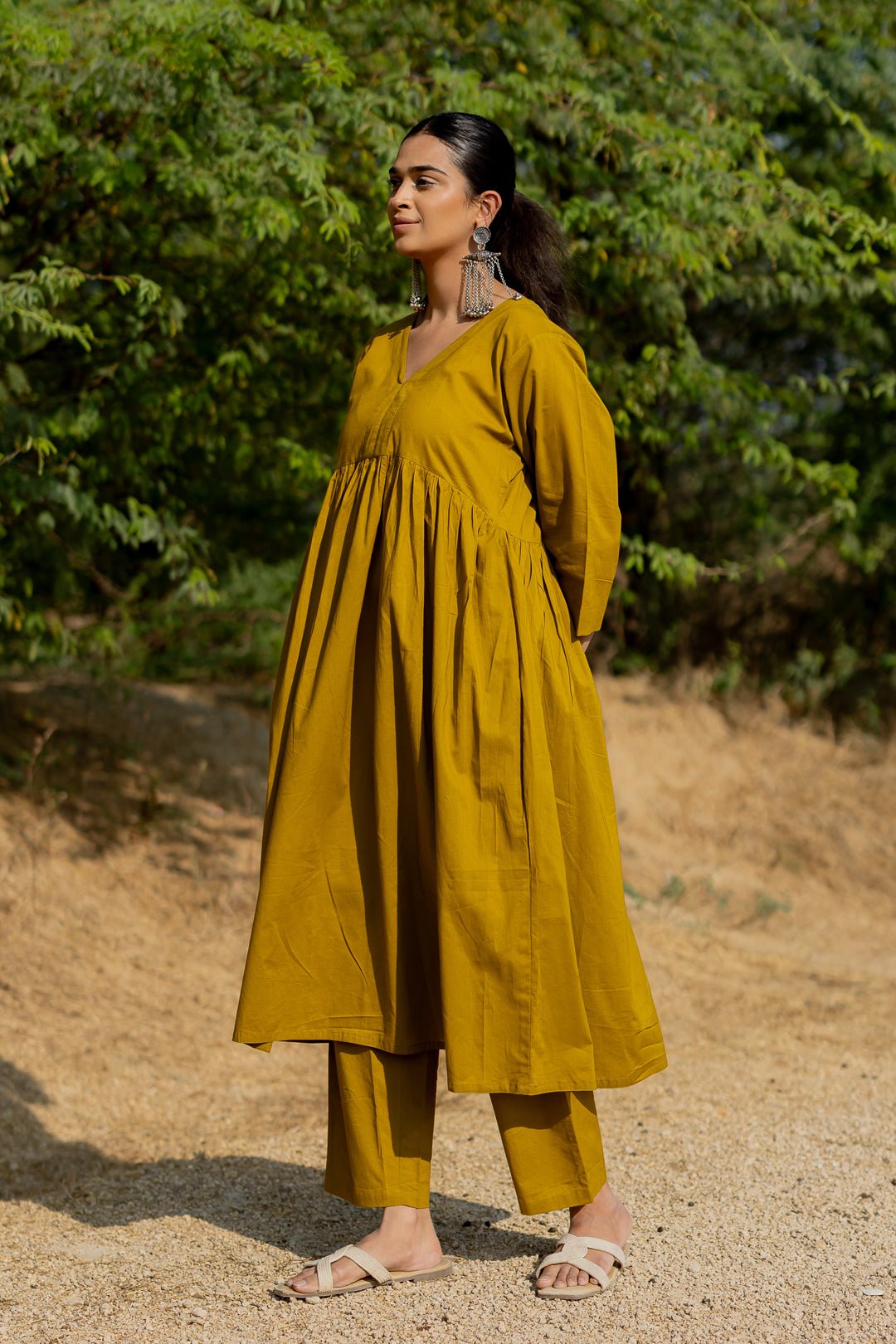 Henna Green Gathered Kurta Set - CiceroniKurta Set, Everyday WearMaidaan