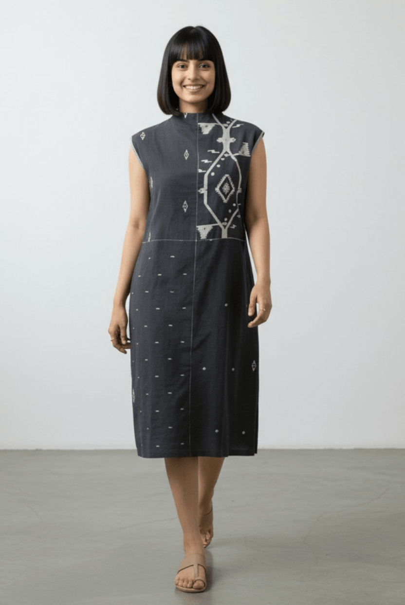 High Neck Patch Dress - Black Border Jamdani - CiceroniDressesBhomra