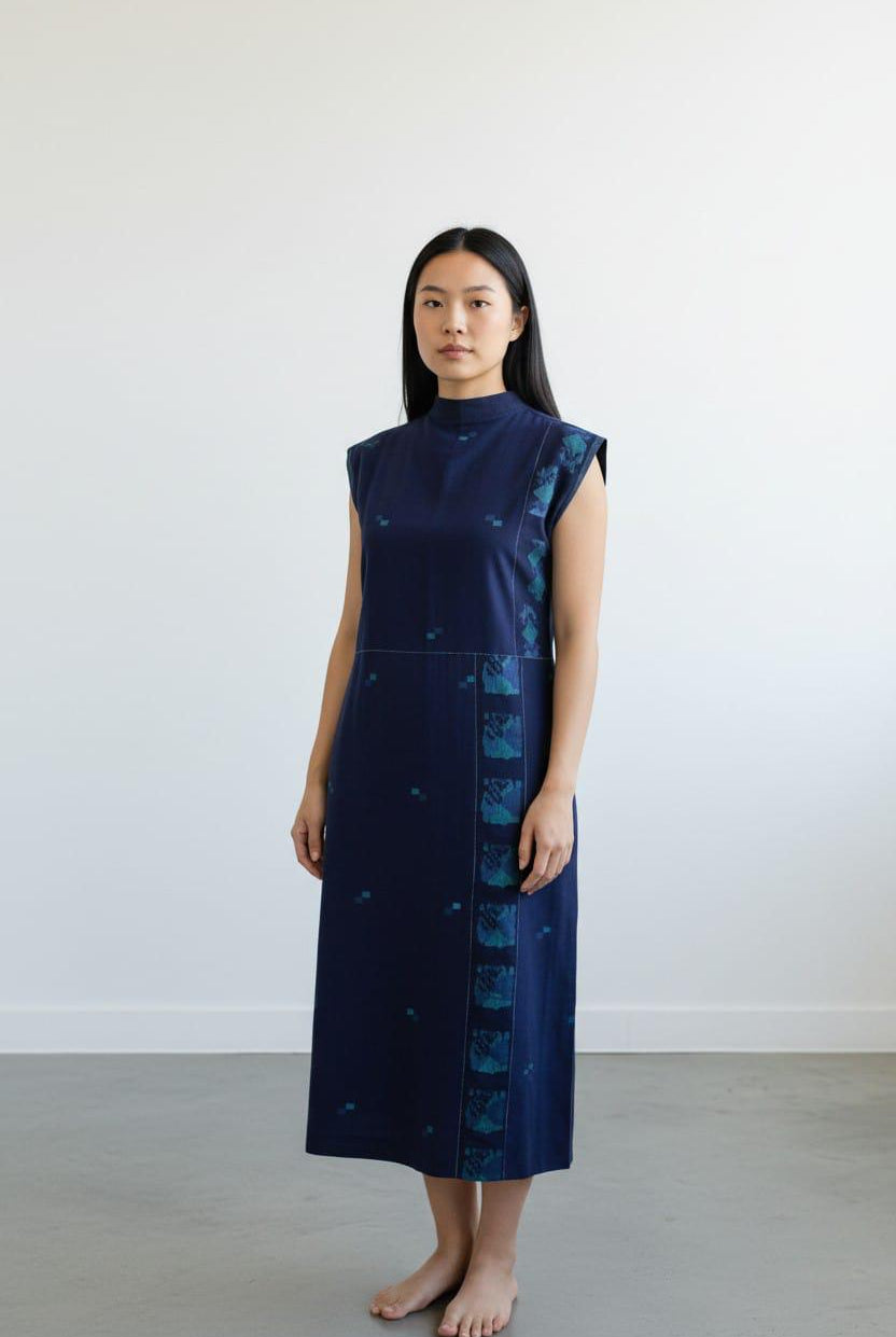 High Neck Patch Dress – Midnight Blue Jamdani - CiceroniDressesBhomra