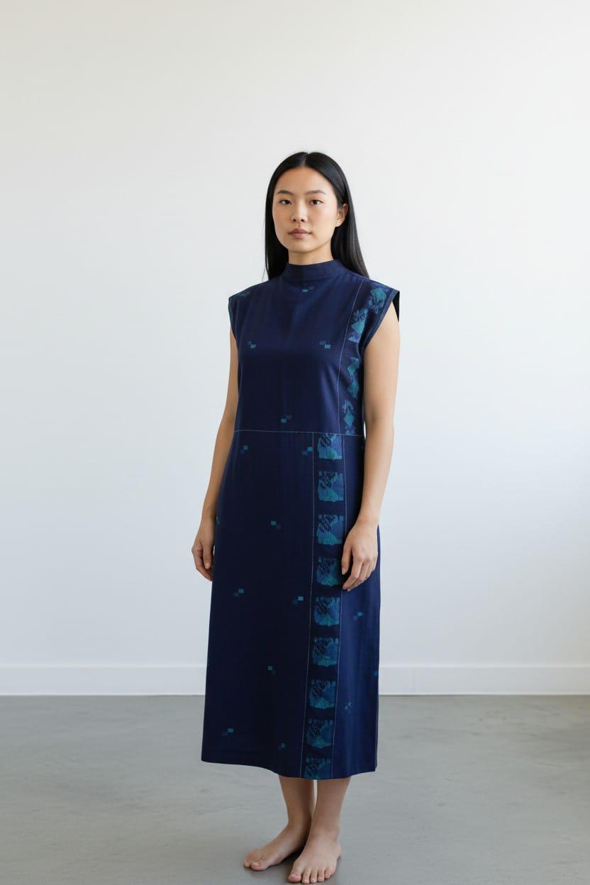 High Neck Patch Dress β Midnight Blue Jamdani - CiceroniDressesBhomra