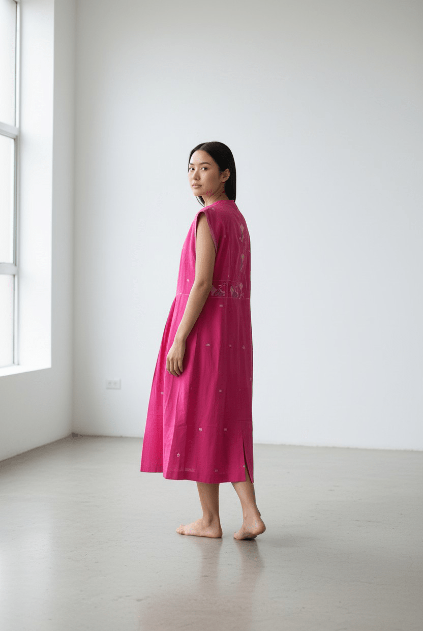 High Neck Pleated Dress – Hibiscus Lotus Golap Jamdani - CiceroniDressesBhomra