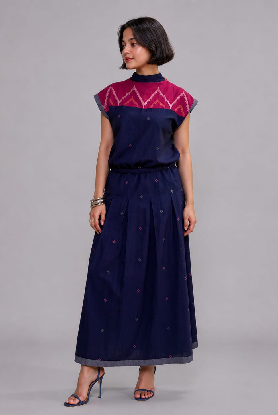 High Neck Tie-up Top & Inverted Pleat Skirt Set – Magenta Karat Jamdani - CiceroniSkirt SetBhomra