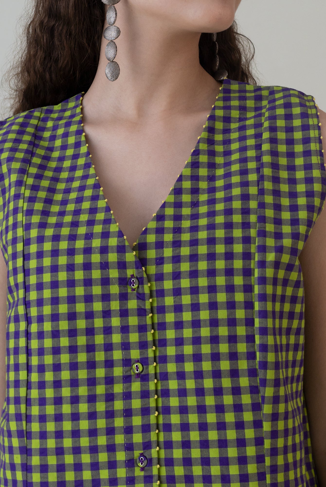 Hikono Vest Purple Lime Gingham Top - CiceroniWomen ShirtsShades of India
