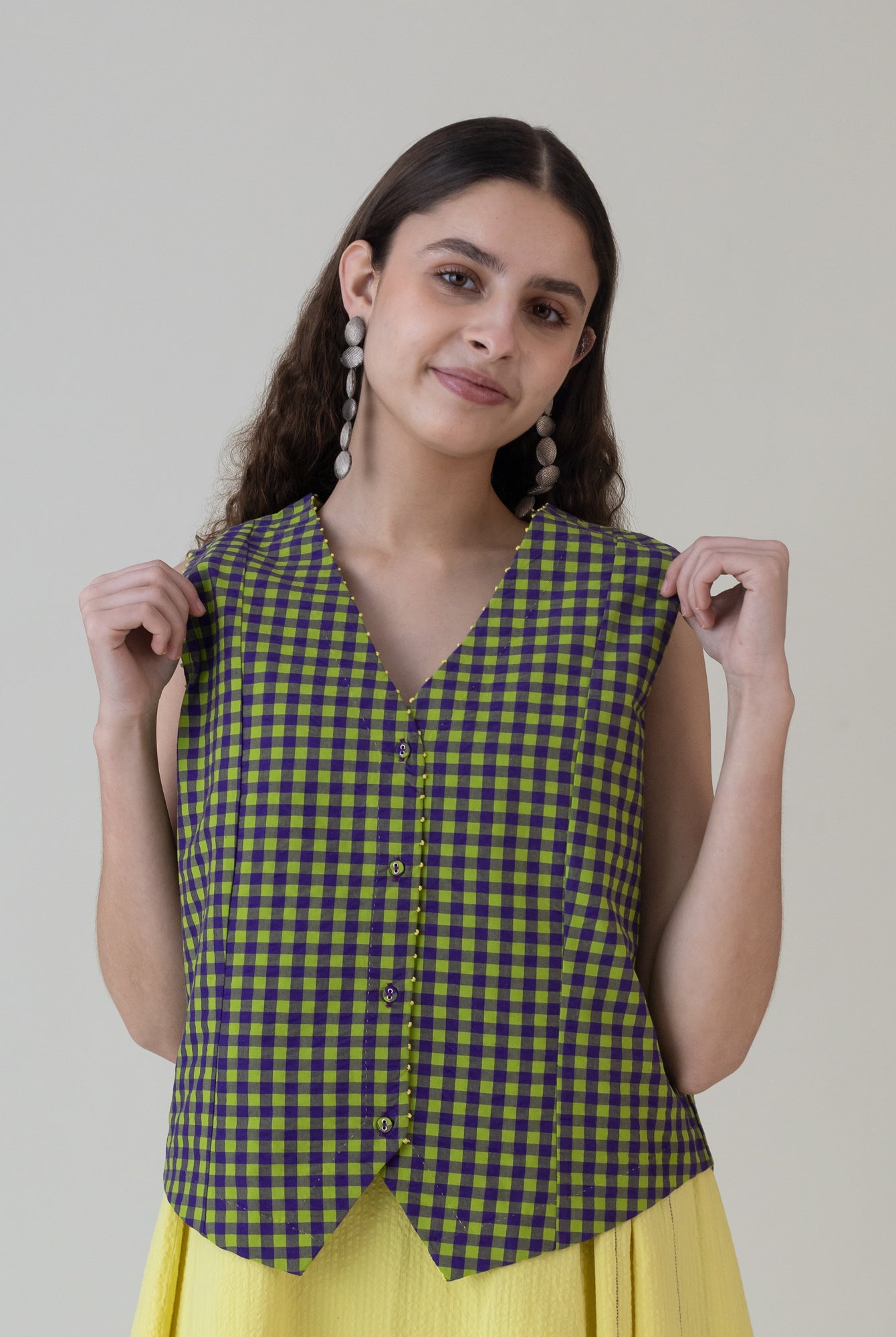 Hikono Vest Purple Lime Gingham Top - CiceroniWomen ShirtsShades of India