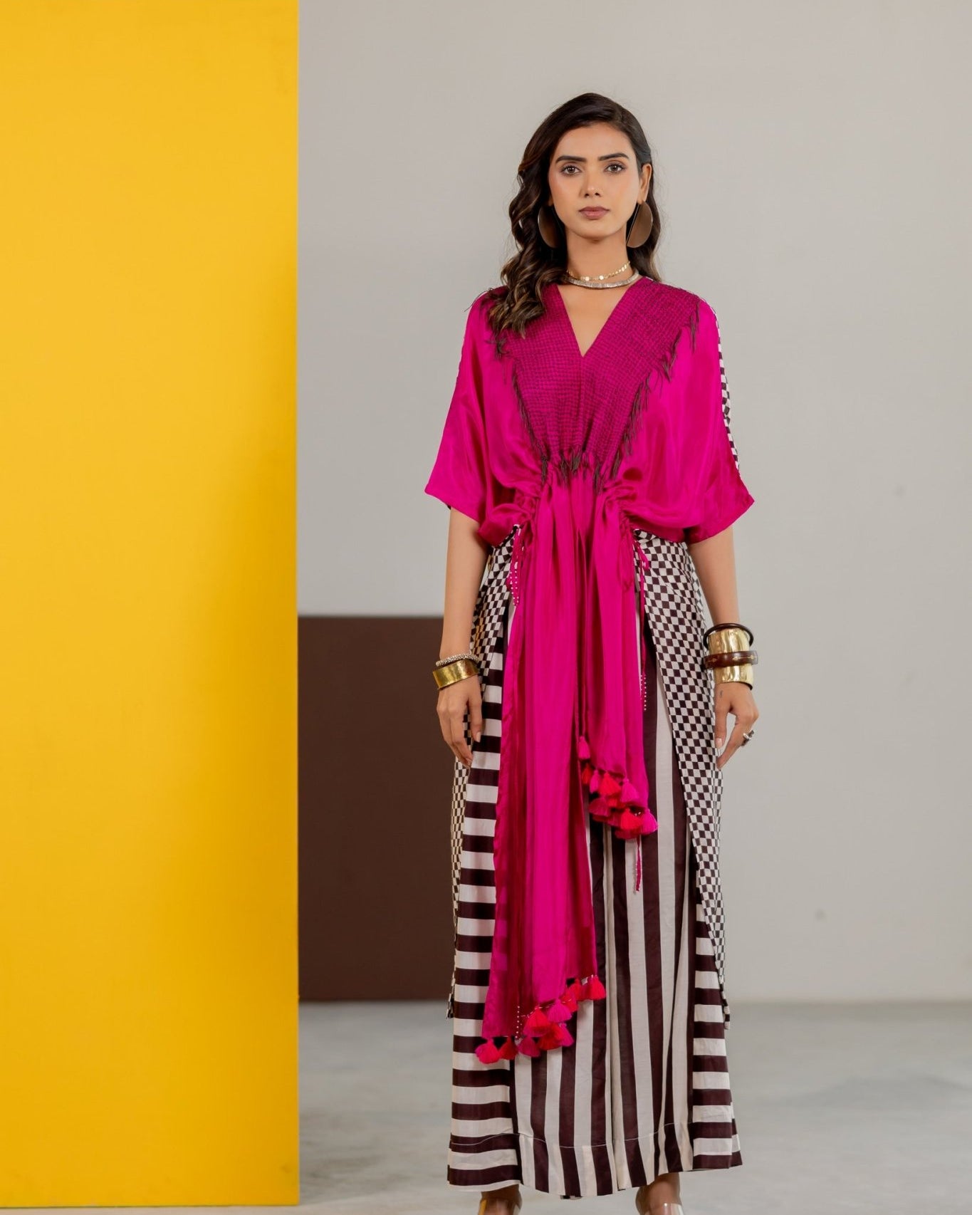 Hot Pink Habutai Silk Kaftan Set - CiceroniKurta Set, Festive WearTussah