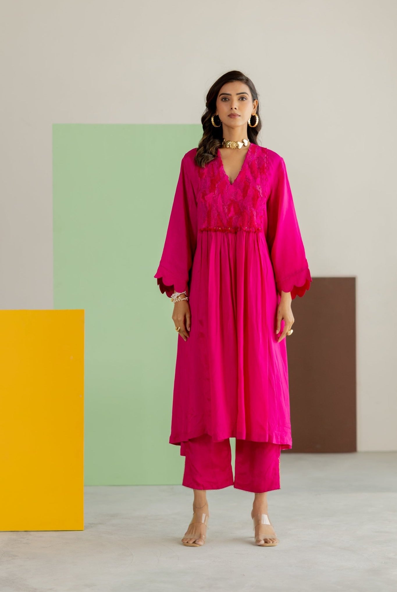 Hot Pink Silk Kurta Set - CiceroniKurta Set, Festive WearTussah