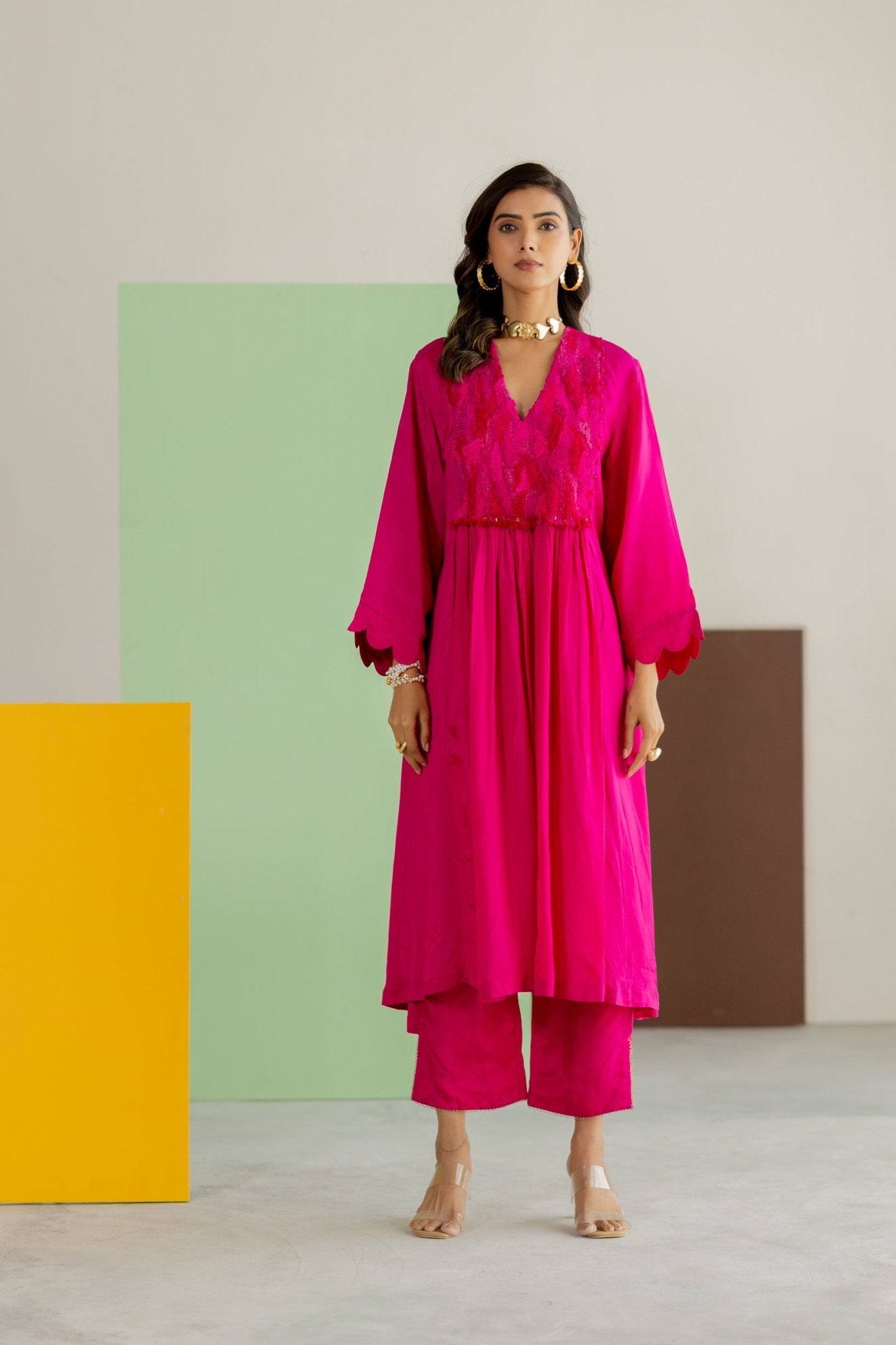 Hot Pink Silk Kurta Set - CiceroniKurta Set, Festive WearTussah