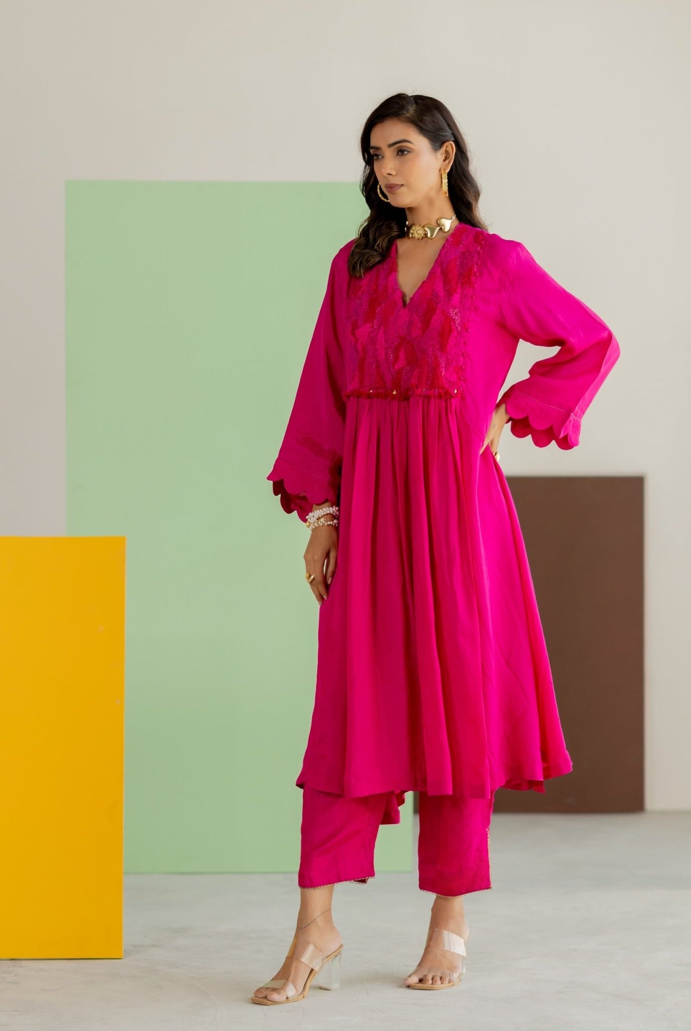 Hot Pink Silk Kurta Set - CiceroniKurta Set, Festive WearTussah
