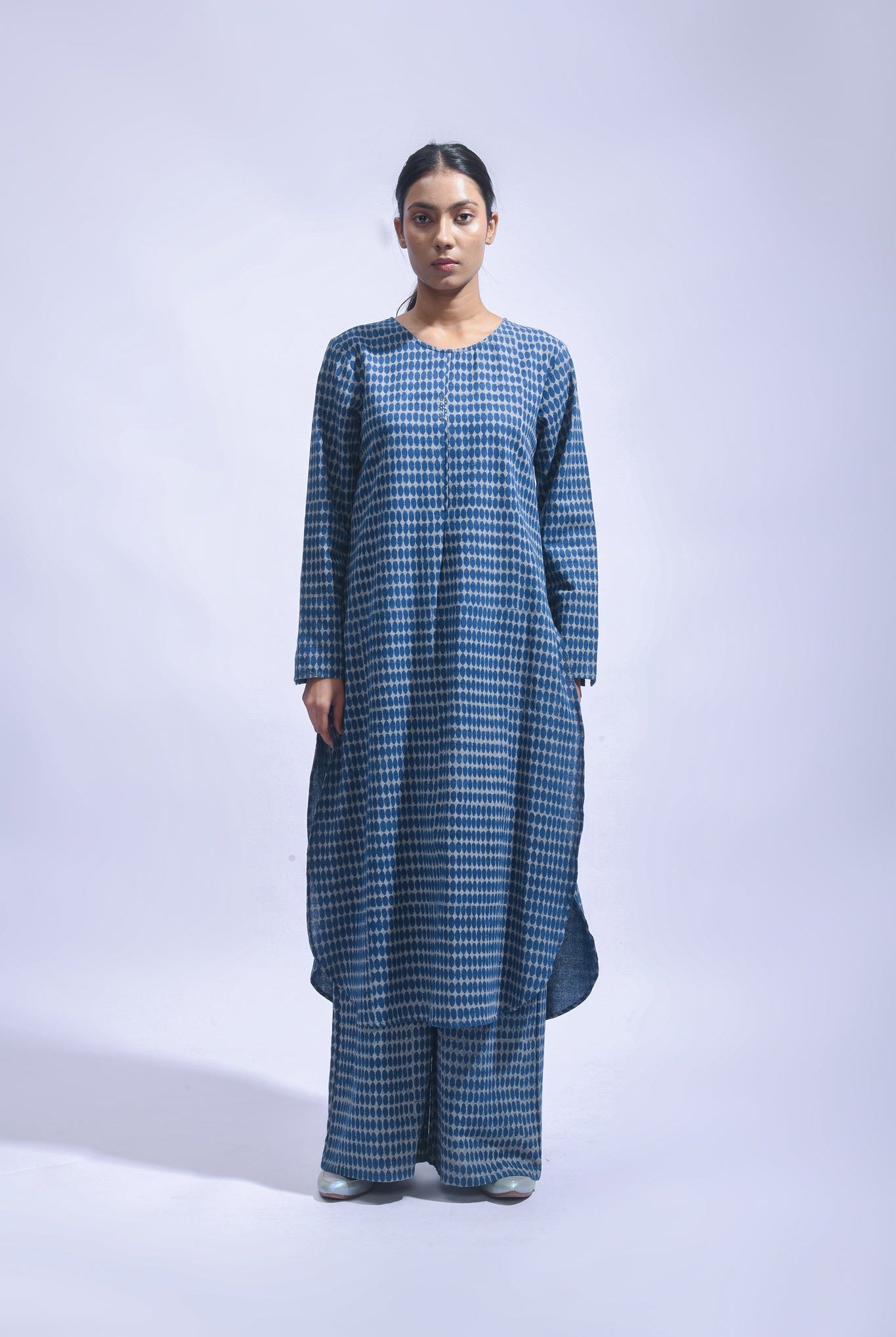 Indigo Block Printed Chambray Kurta & Pants Set - CiceroniKurta Set, Everyday WearJayati Goenka