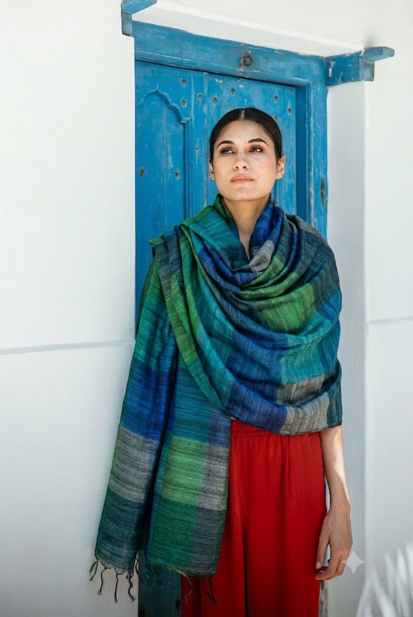 Indigo Blue Madras Checks Peace Silk Scarf - CiceroniScarfAeshaane