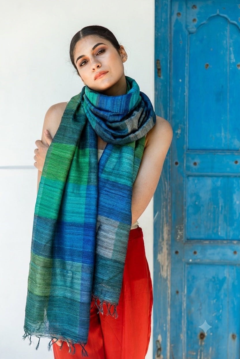 Indigo Blue Madras Checks Peace Silk Scarf - CiceroniScarfAeshaane