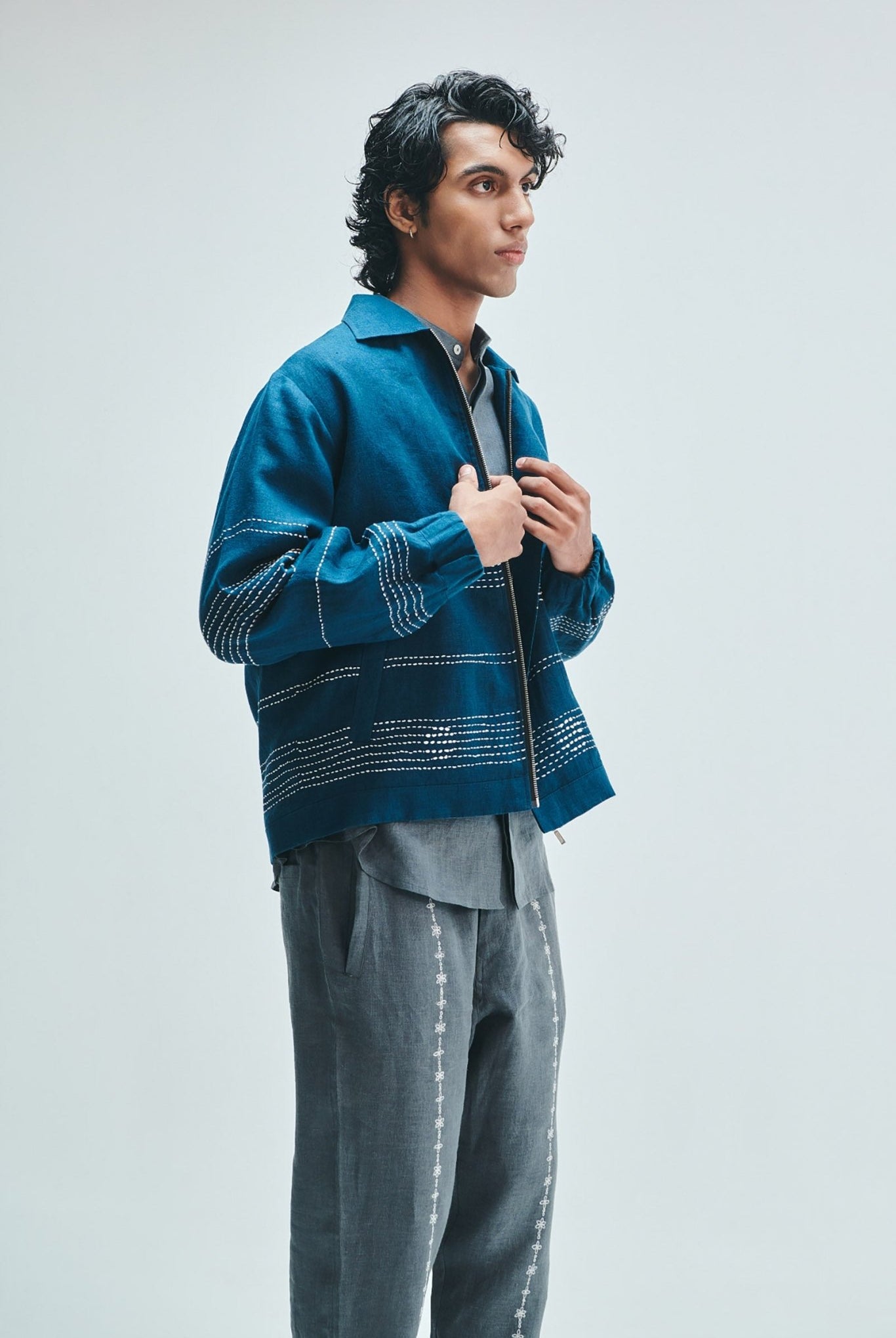 Indigo Linen Kantha Flap Collar Jacket - CiceroniJacketSaphed