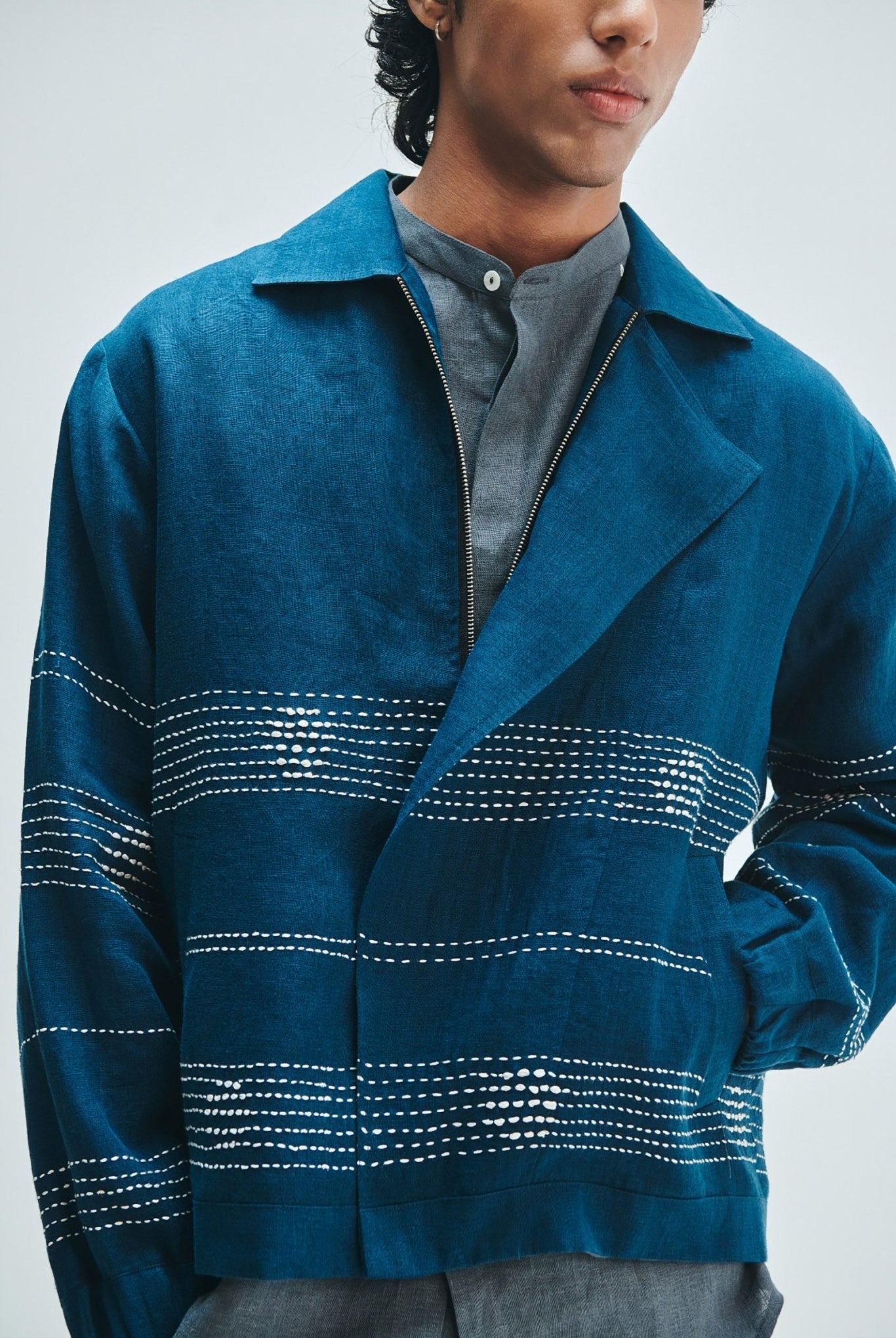 Indigo Linen Kantha Flap Collar Jacket - CiceroniJacketSaphed