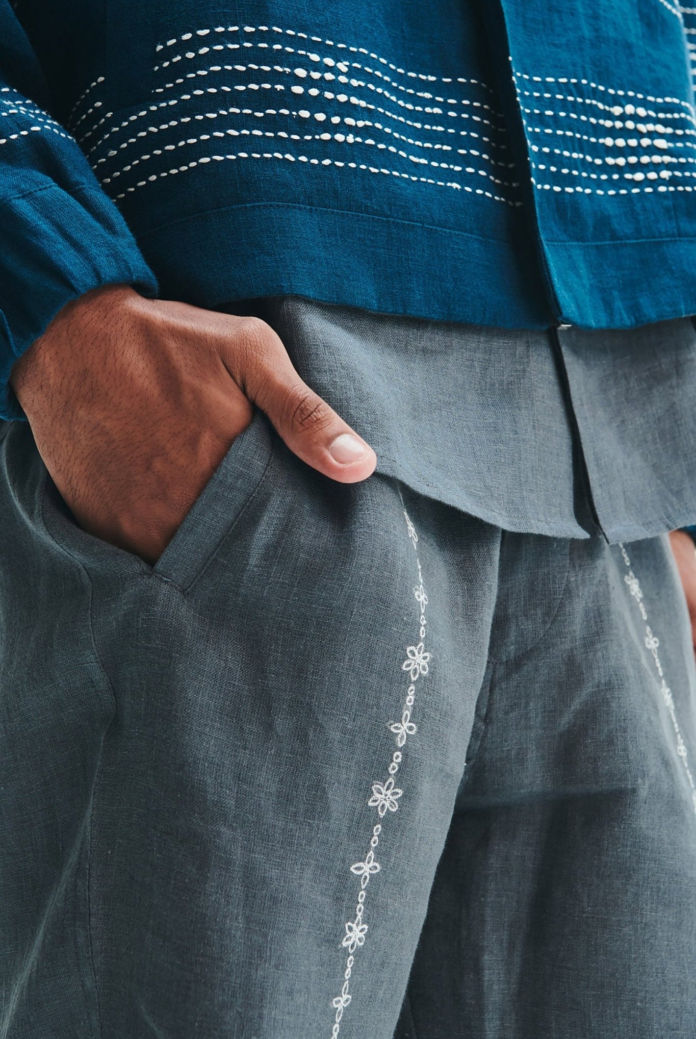Indigo Linen Kantha Flap Collar Jacket - CiceroniJacketSaphed