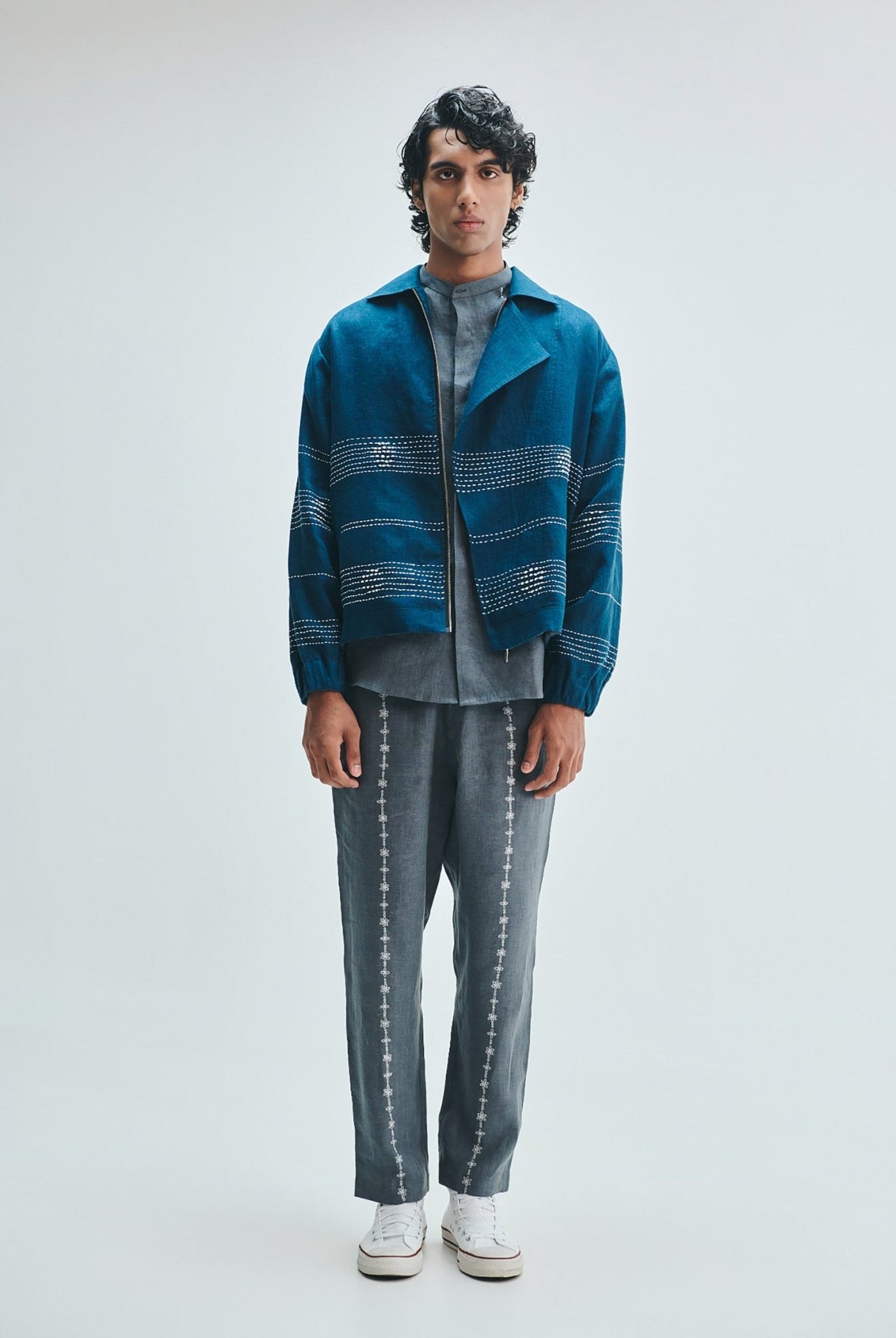 Indigo Linen Kantha Flap Collar Jacket - CiceroniJacketSaphed