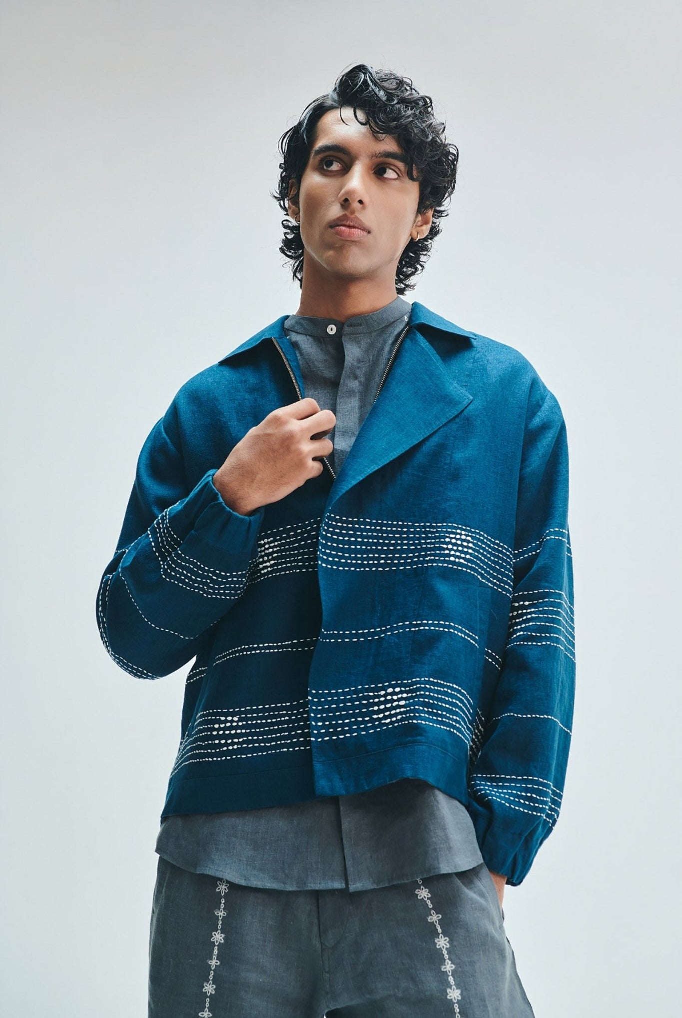 Indigo Linen Kantha Flap Collar Jacket - CiceroniJacketSaphed