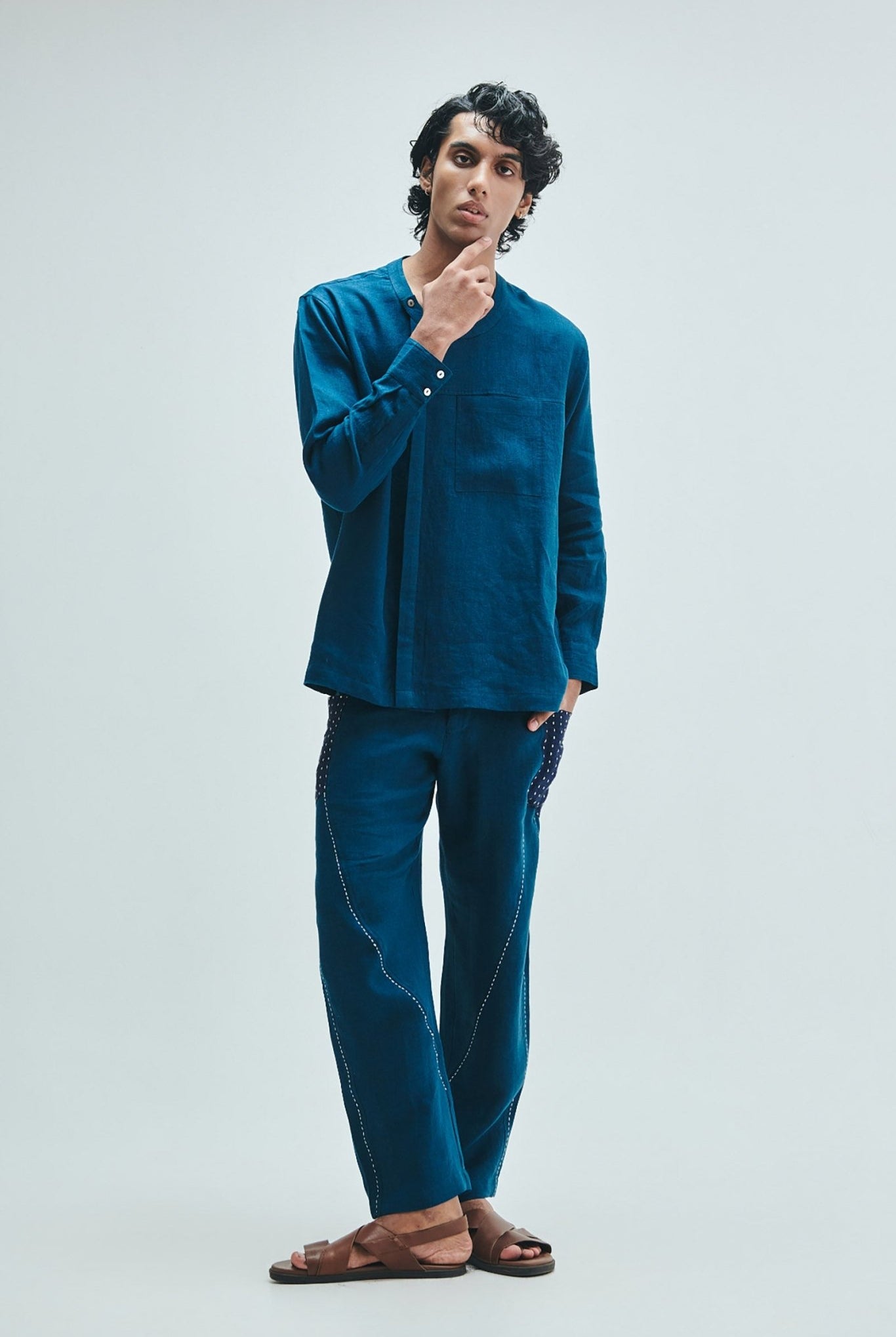 Indigo Linen Kantha Men's Panelled Pants - CiceroniPantsSaphed