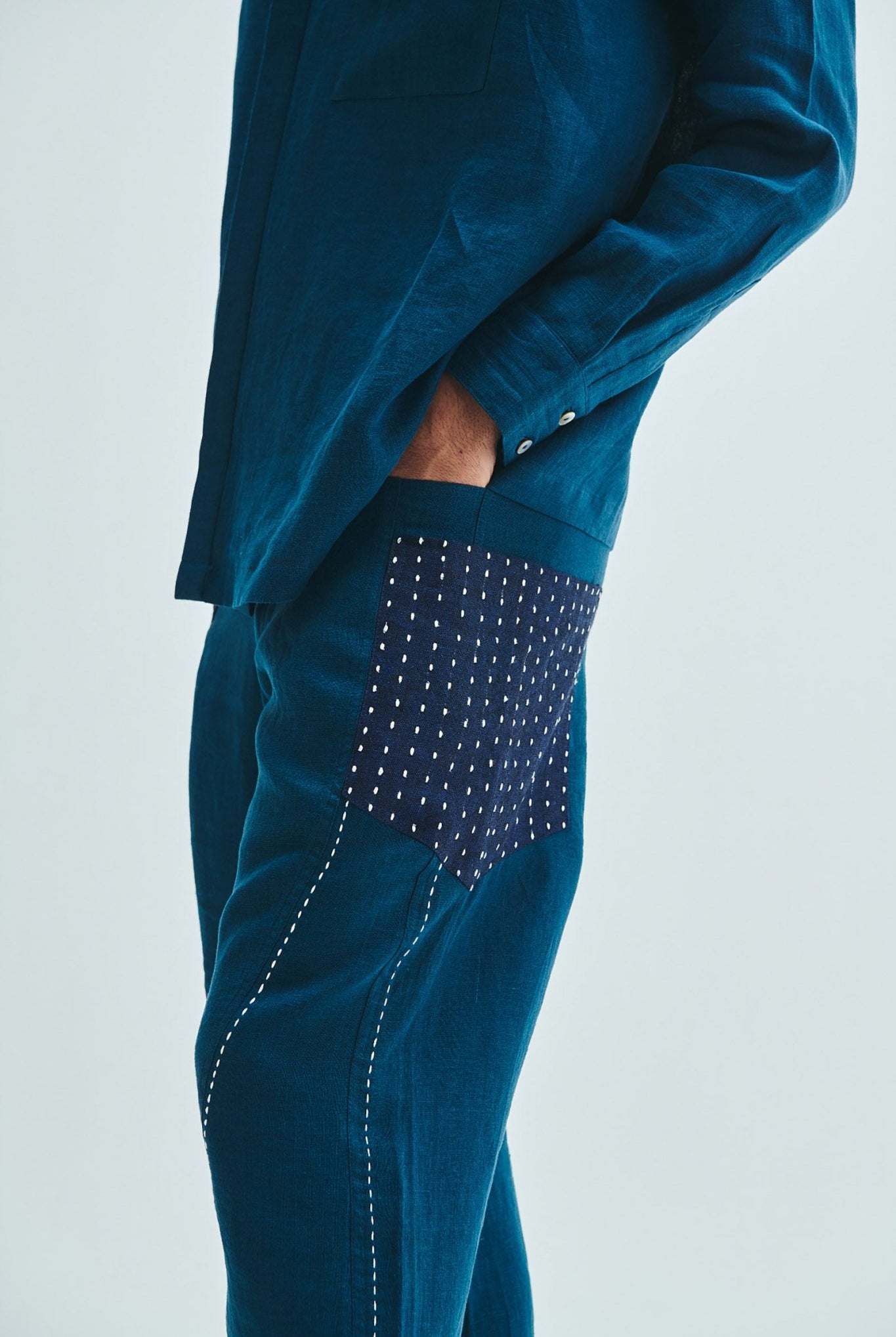 Indigo Linen Kantha Men's Panelled Pants - CiceroniPantsSaphed
