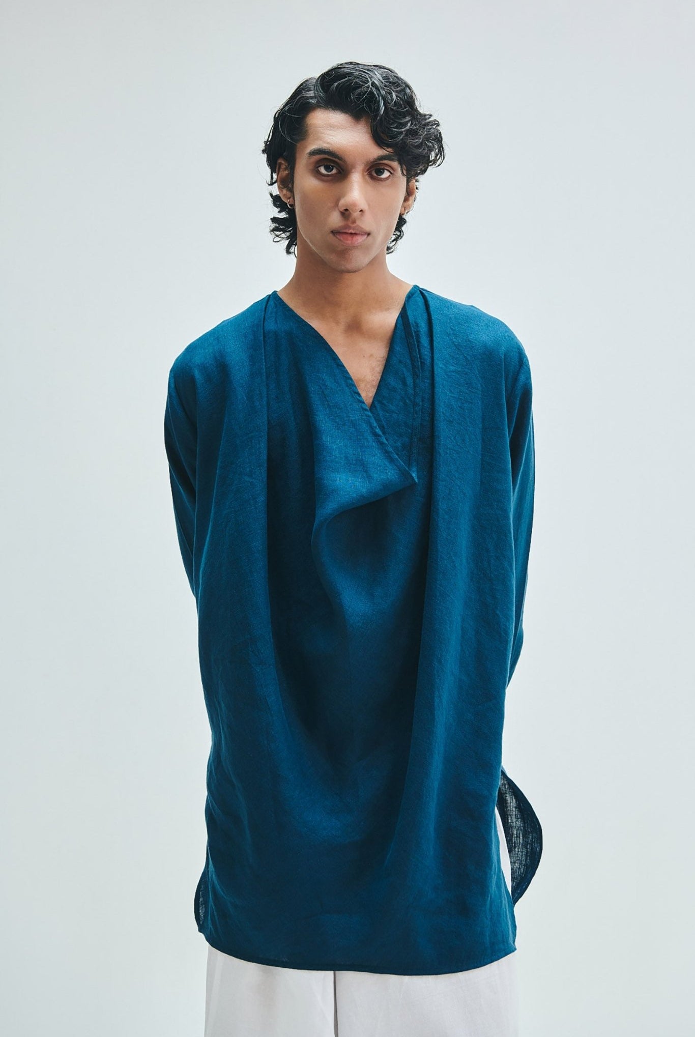 Indigo Linen Men's Cowl Neck Kurta - CiceroniKurtaSaphed