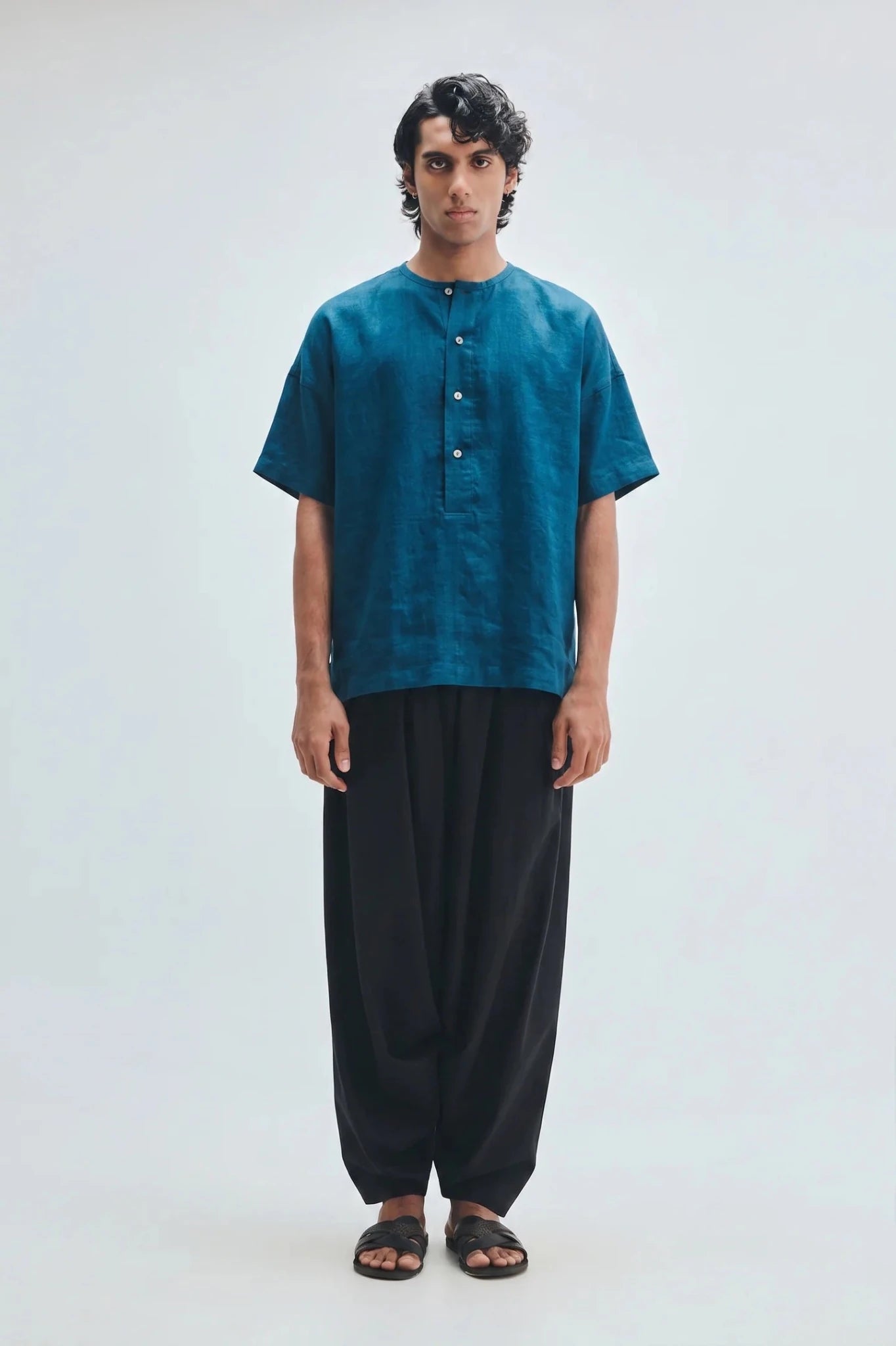 Indigo Linen Men's Half Sleeves Panelled Shirt Kurta - CiceroniShirt KurtaSaphed