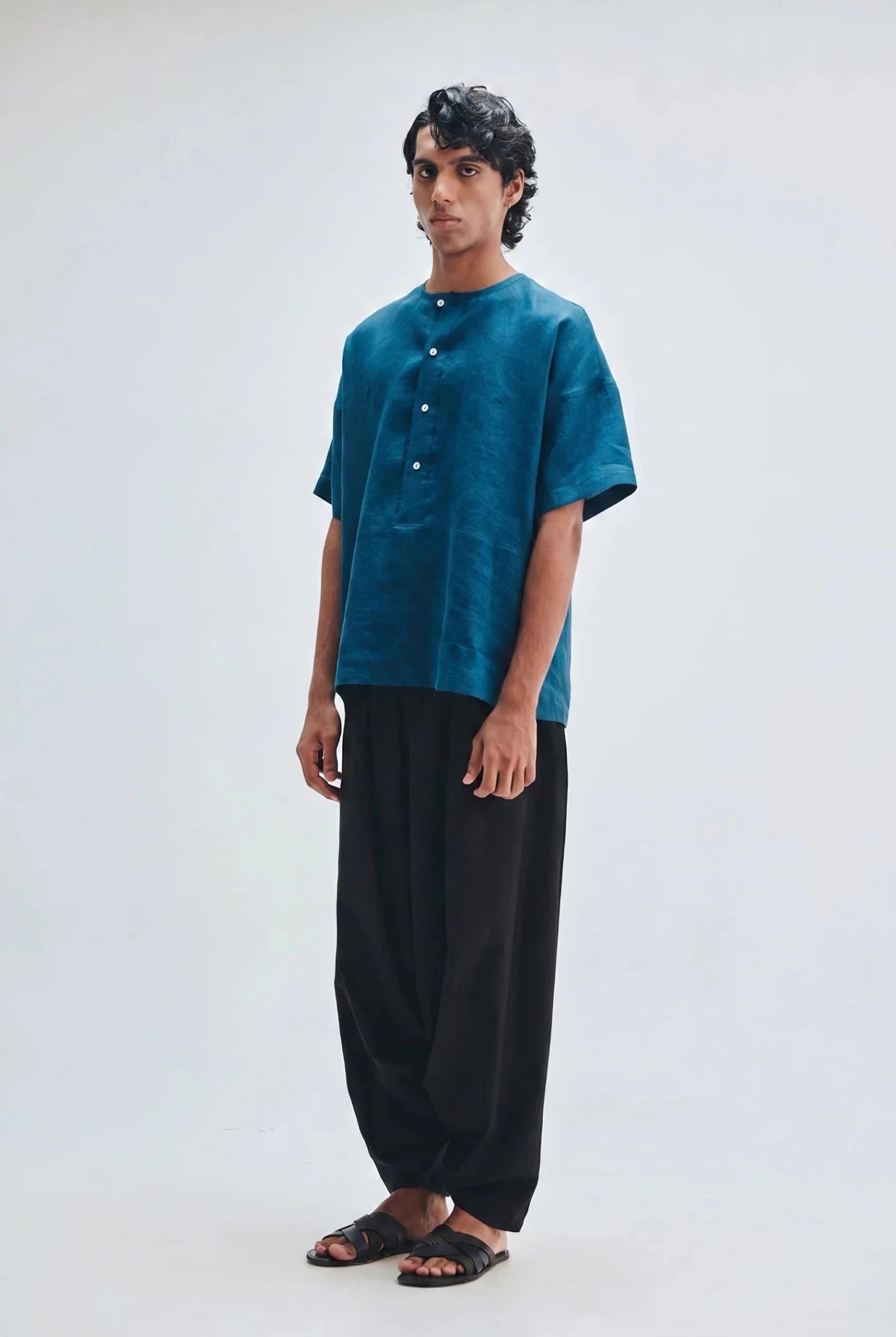 Indigo Linen Men's Half Sleeves Panelled Shirt Kurta - CiceroniShirt KurtaSaphed