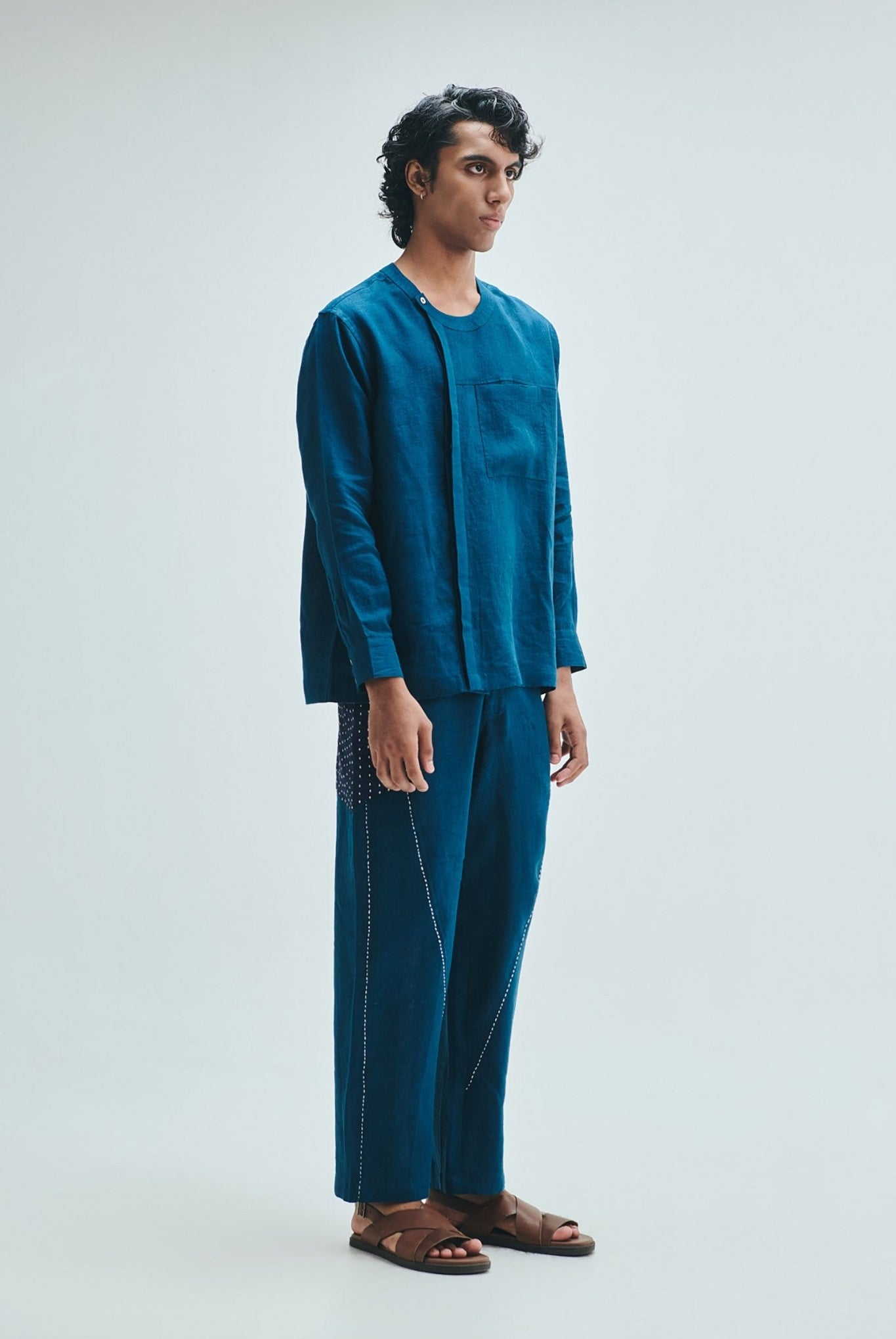 Indigo Linen Men's Side Placket Shirt - CiceroniShirtSaphed