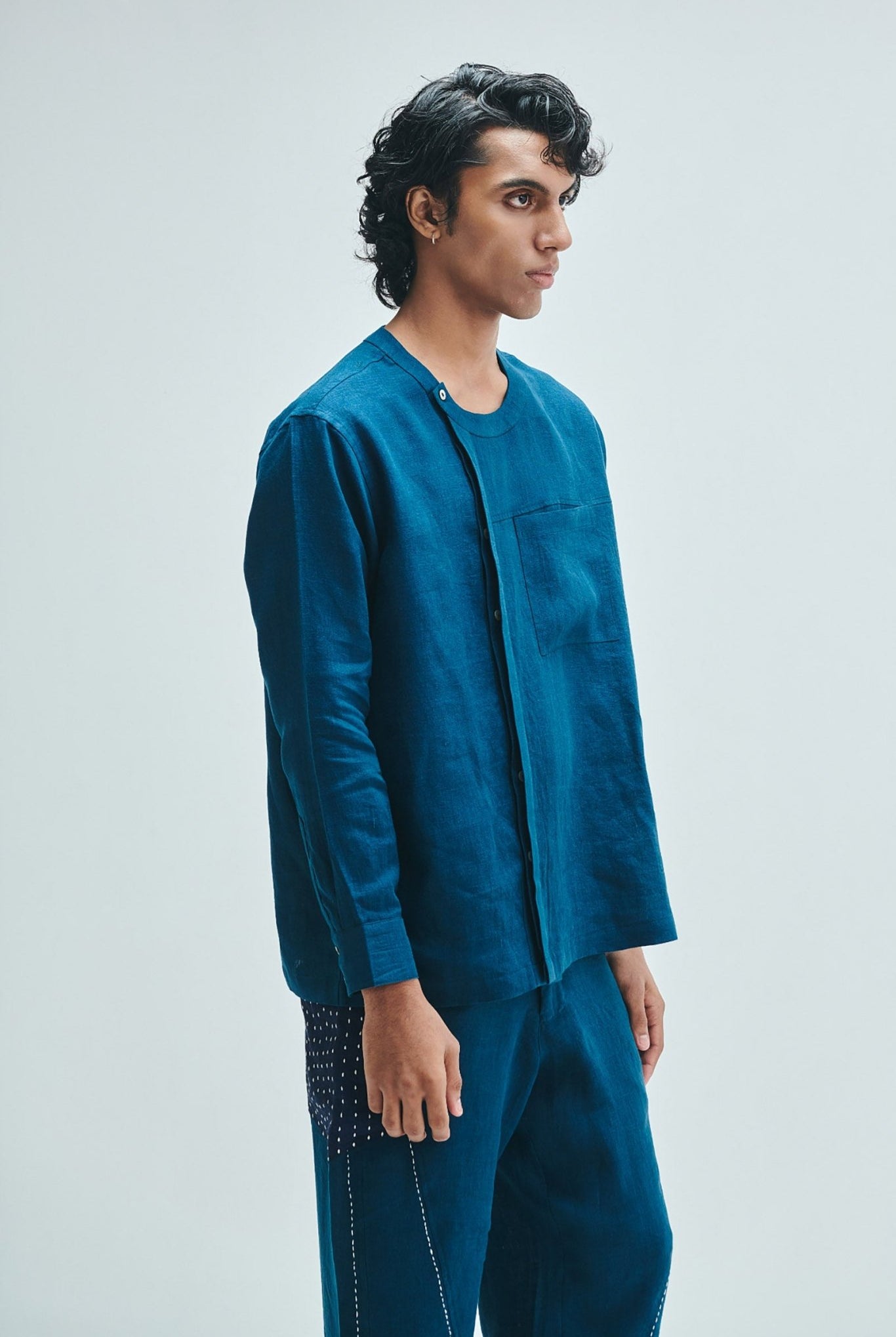 Indigo Linen Men's Side Placket Shirt - CiceroniShirtSaphed