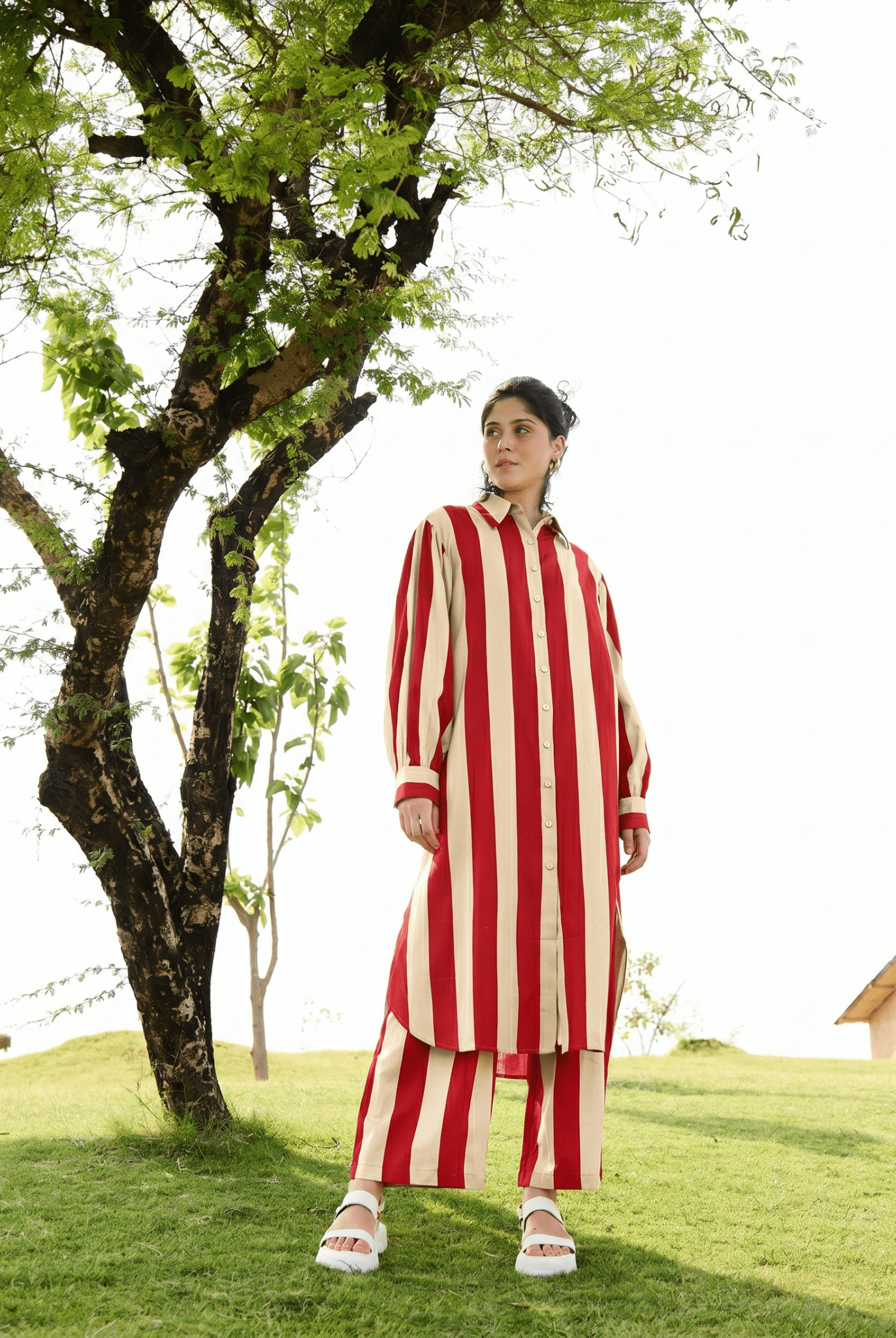 Iris Co-ord Set - Red & Ecru Stripes - CiceroniBangleRAAS Life