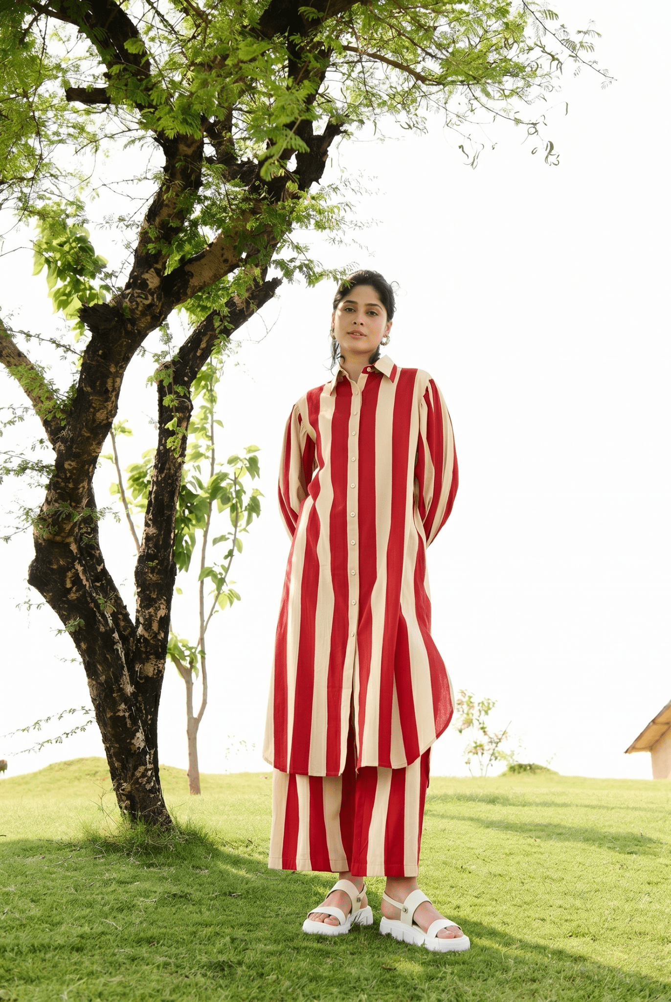 Iris Co-ord Set - Red & Ecru Stripes - CiceroniBangleRAAS Life