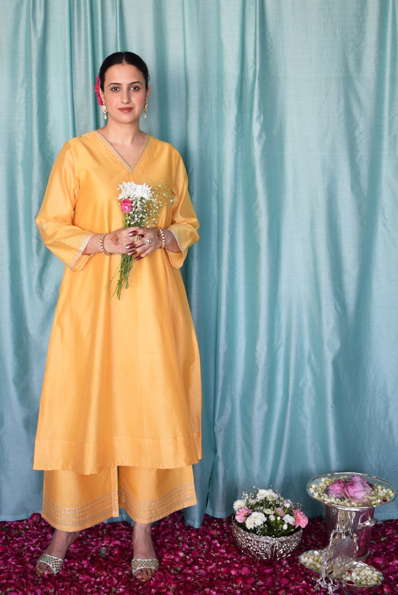 Kanak Chanderi Set with Hand - Embroidered A - Line Kurta and Wide - Legged Pyjama - CiceroniKurta Set, Festive wearHouse of Moxa