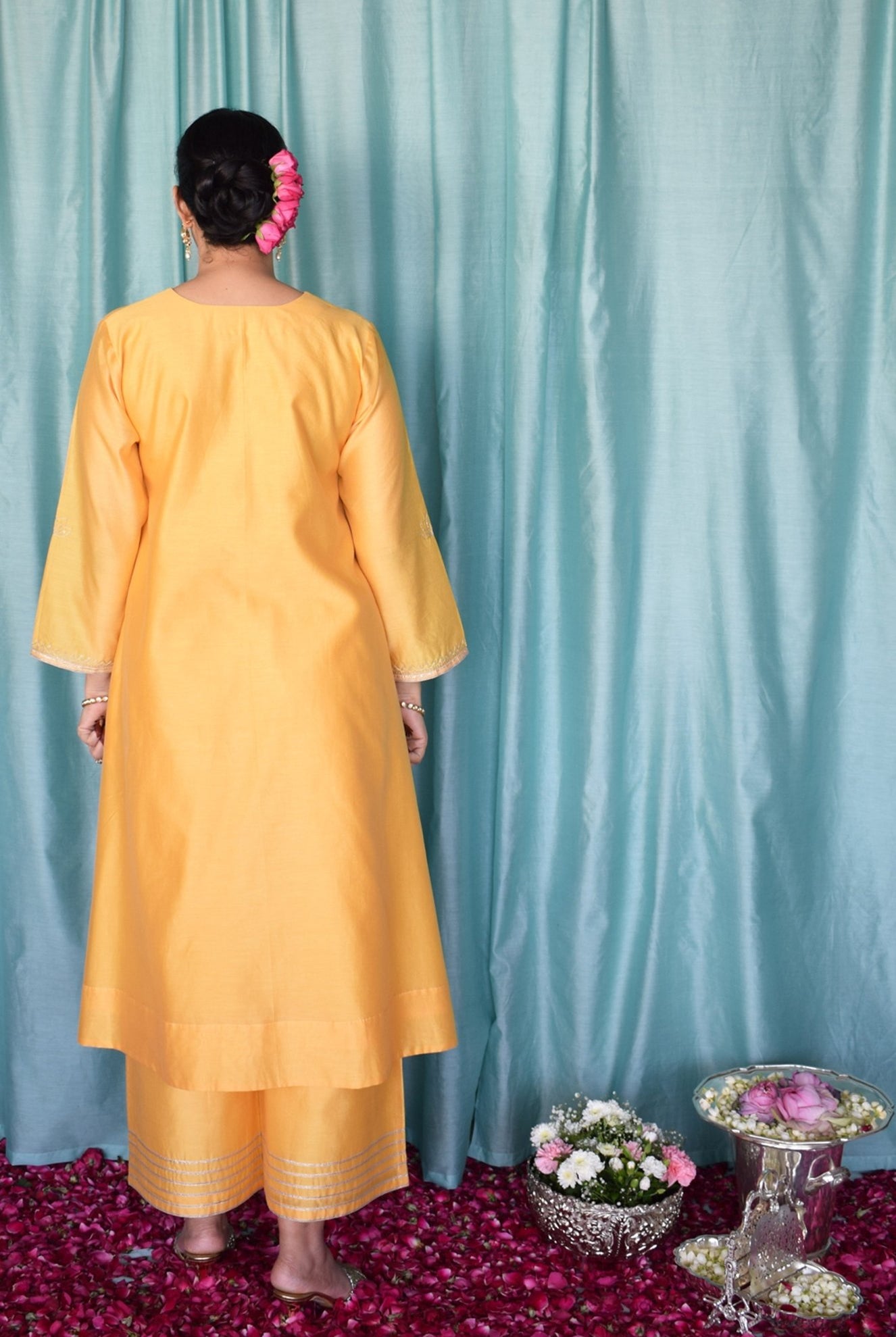 Kanak Chanderi Set with Hand - Embroidered A - Line Kurta and Wide - Legged Pyjama - CiceroniKurta Set, Festive wearHouse of Moxa