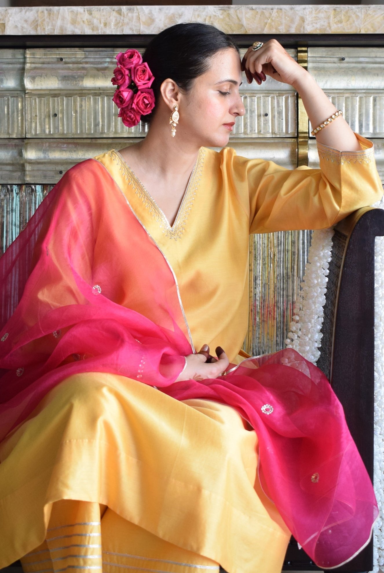 Kanak Chanderi Set with Hand - Embroidered A - Line Kurta and Wide - Legged Pyjama - CiceroniKurta Set, Festive wearHouse of Moxa