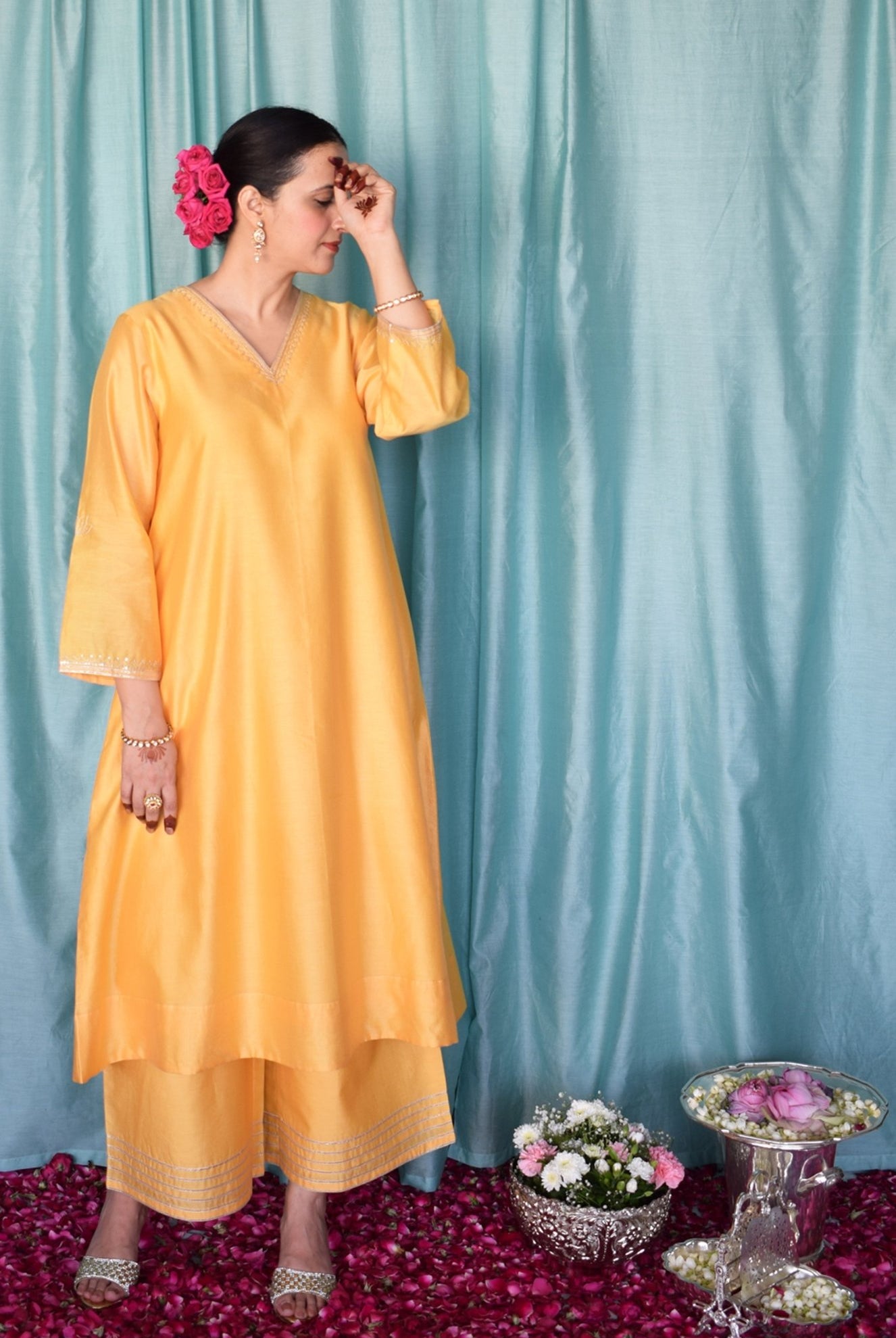 Kanak Chanderi Set with Hand - Embroidered A - Line Kurta and Wide - Legged Pyjama - CiceroniKurta Set, Festive wearHouse of Moxa