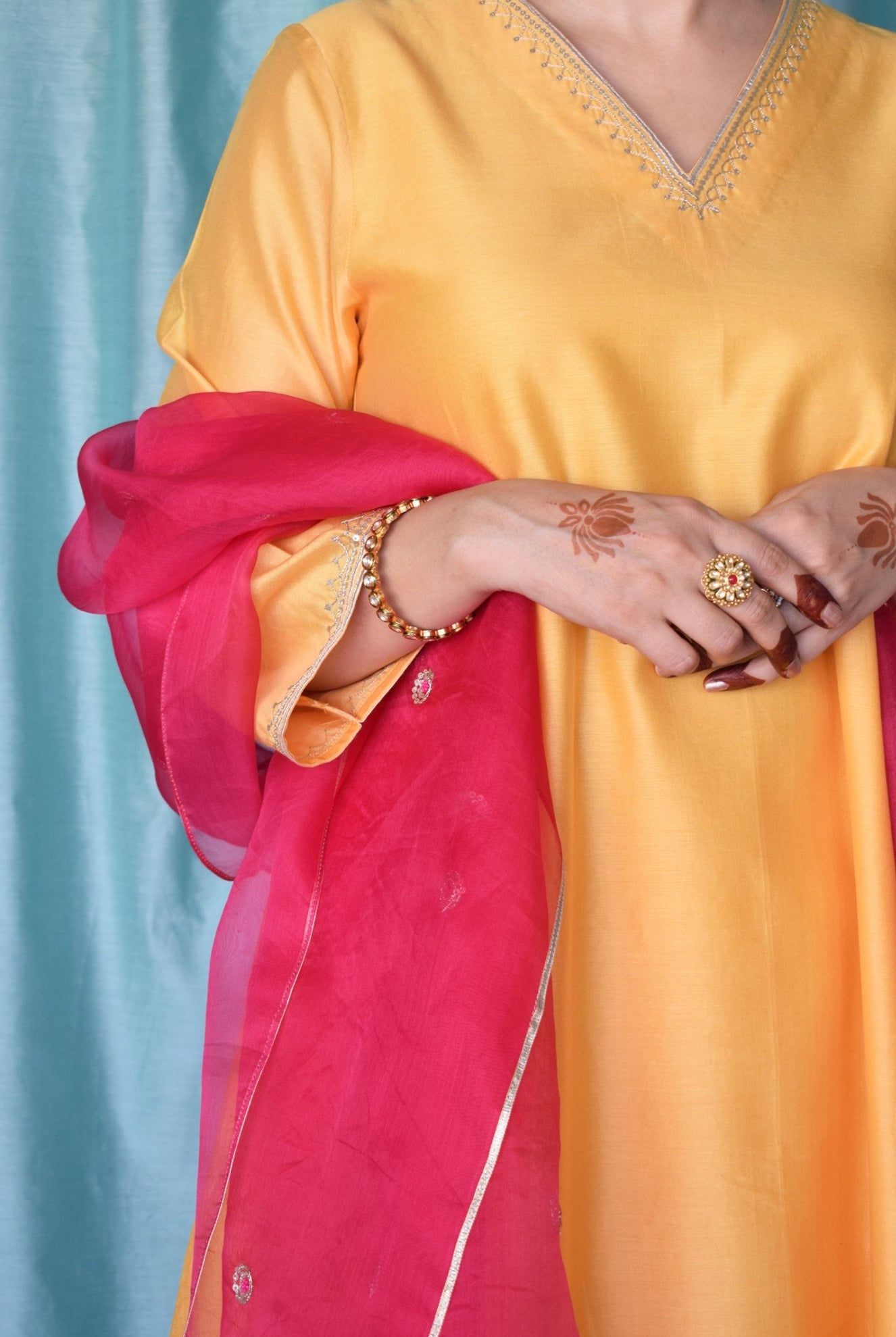 Kanak Chanderi Set with Hand - Embroidered A - Line Kurta and Wide - Legged Pyjama - CiceroniKurta Set, Festive wearHouse of Moxa