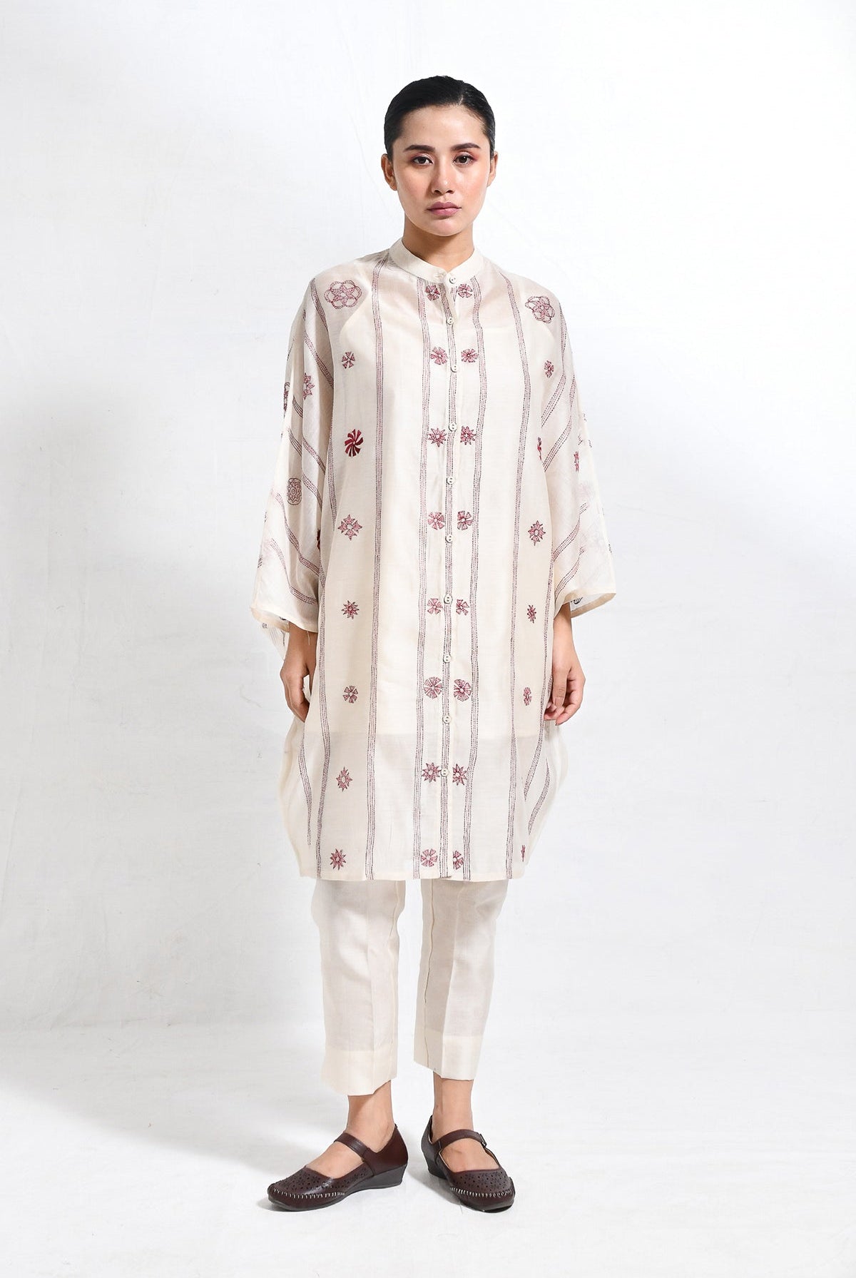 Kantha Embroidered Chanderi Silk Kaftan Co - ord (Set of 3) - CiceroniKurta Set, Everyday WearHiranya