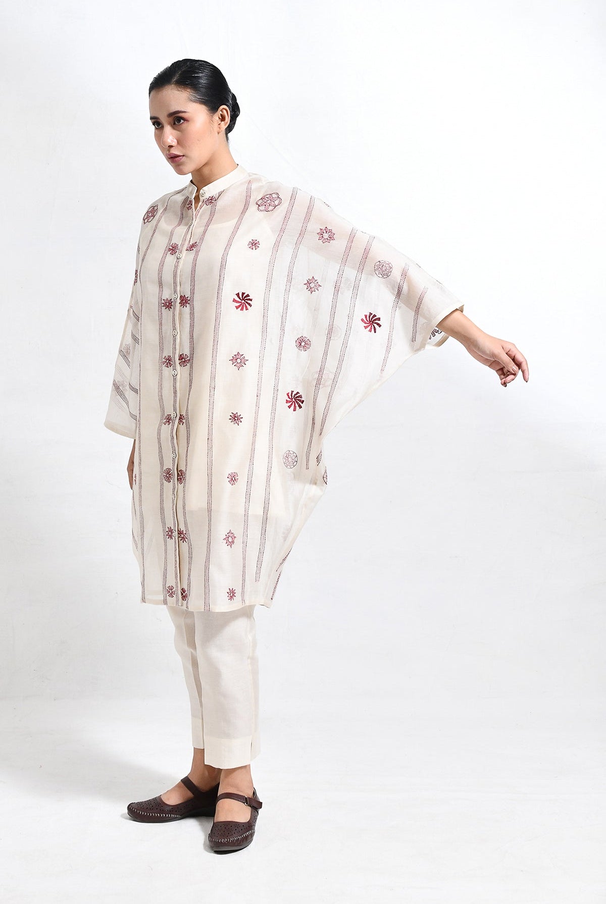 Kantha Embroidered Chanderi Silk Kaftan Co - ord (Set of 3) - CiceroniKurta Set, Everyday WearHiranya