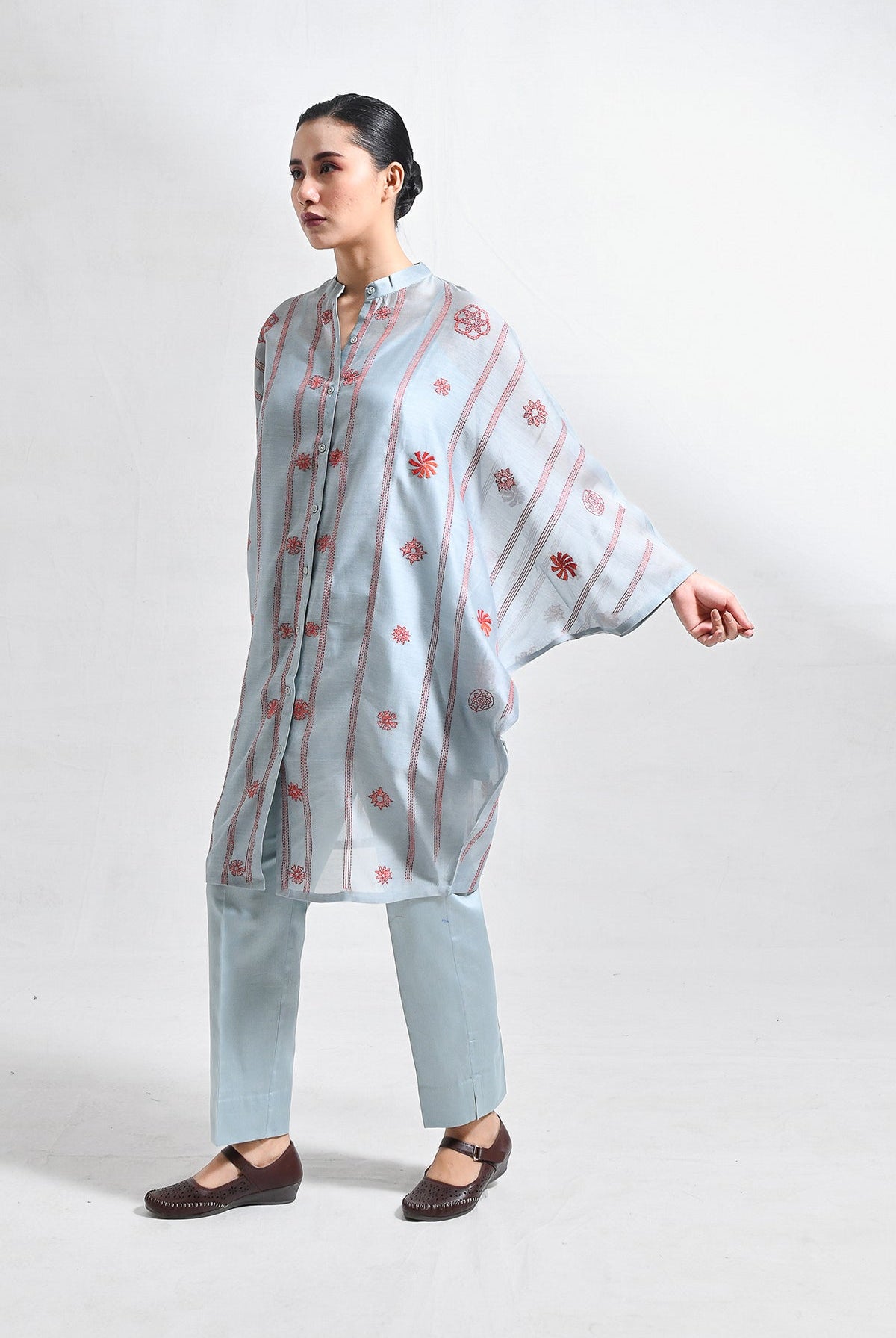 Kantha Embroidered Chanderi Silk Kaftan Set - CiceroniKurta Set, Festive WearHiranya