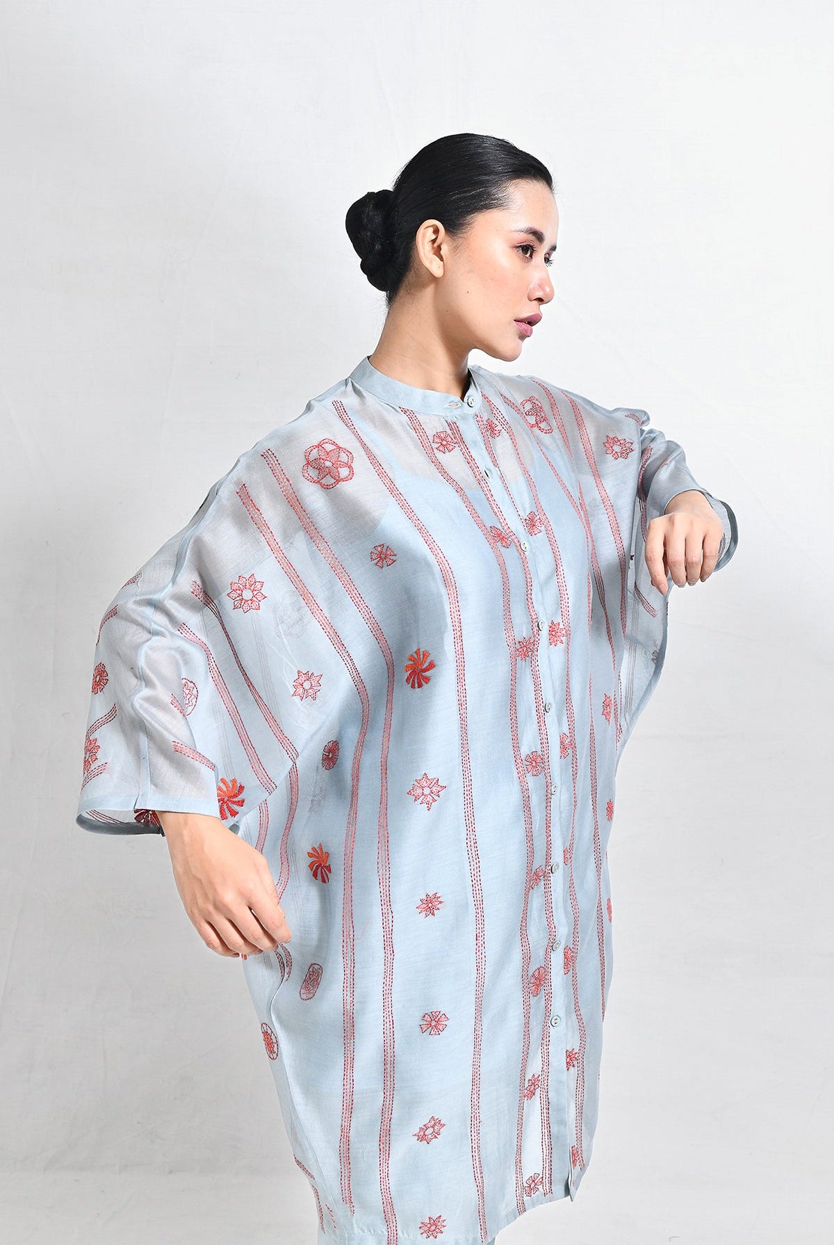 Kantha Embroidered Chanderi Silk Kaftan Set - CiceroniKurta Set, Festive WearHiranya