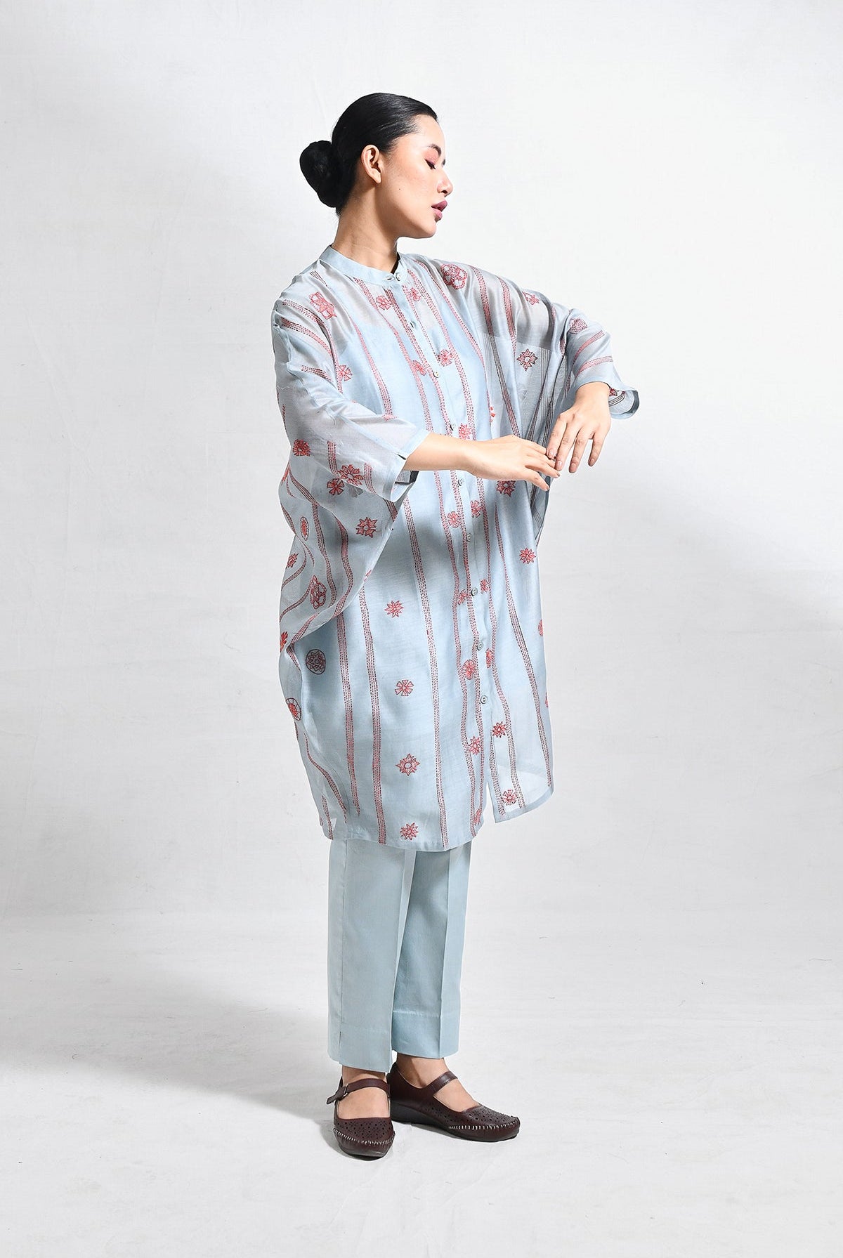 Kantha Embroidered Chanderi Silk Kaftan Set - CiceroniKurta Set, Festive WearHiranya