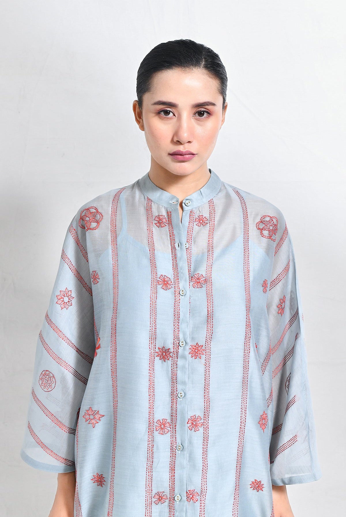 Kantha Embroidered Chanderi Silk Kaftan Set - CiceroniKurta Set, Festive WearHiranya