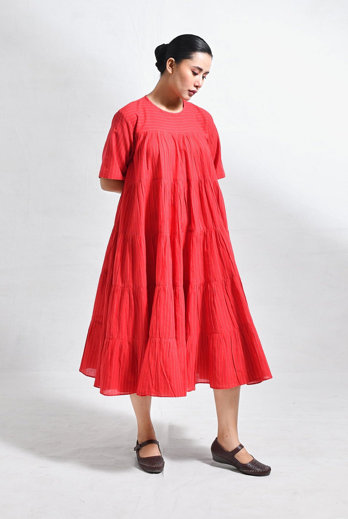 Khadi Striped Tier Dress - Red - CiceroniDressesHiranya