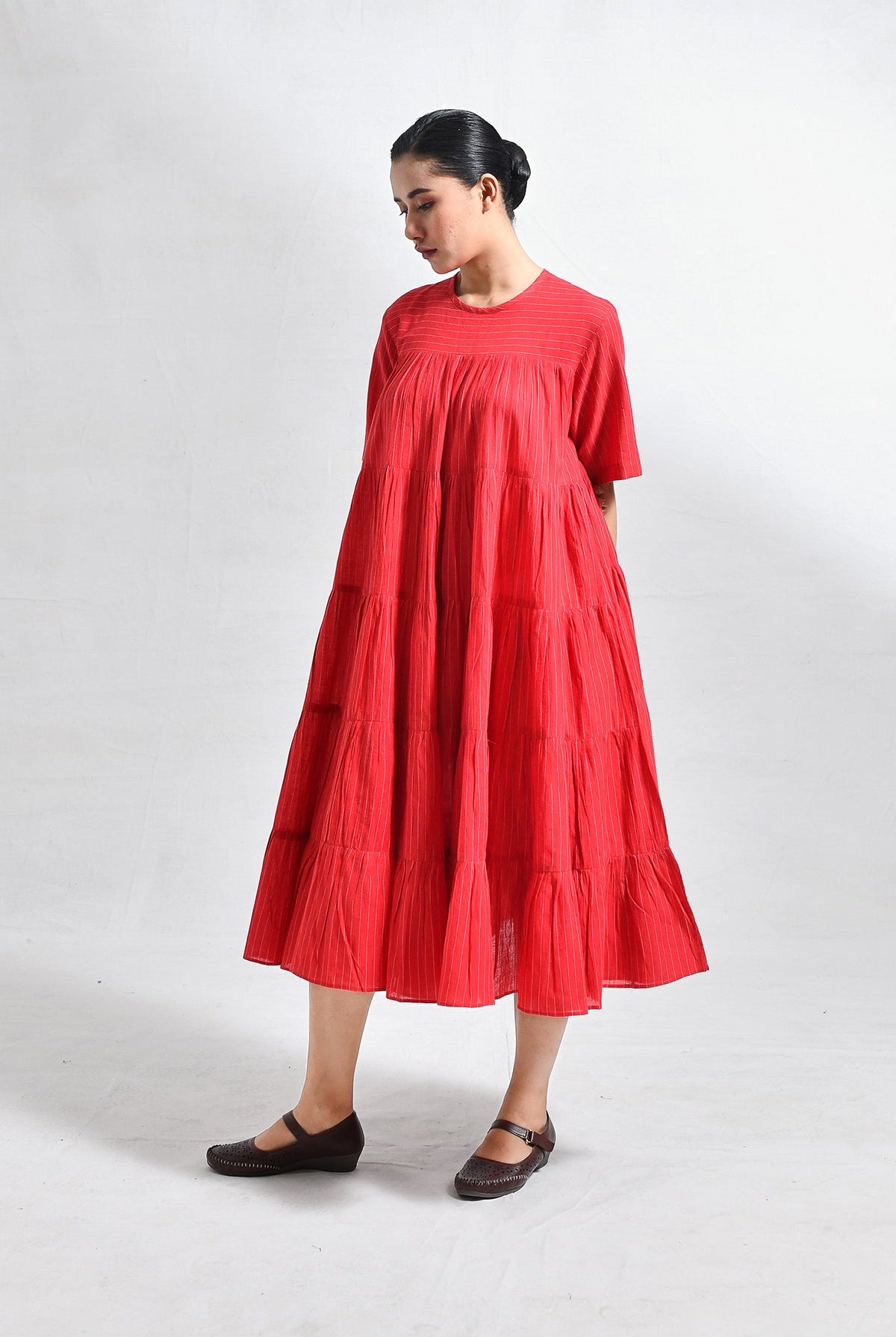 Khadi Striped Tier Dress - Red - CiceroniDressesHiranya