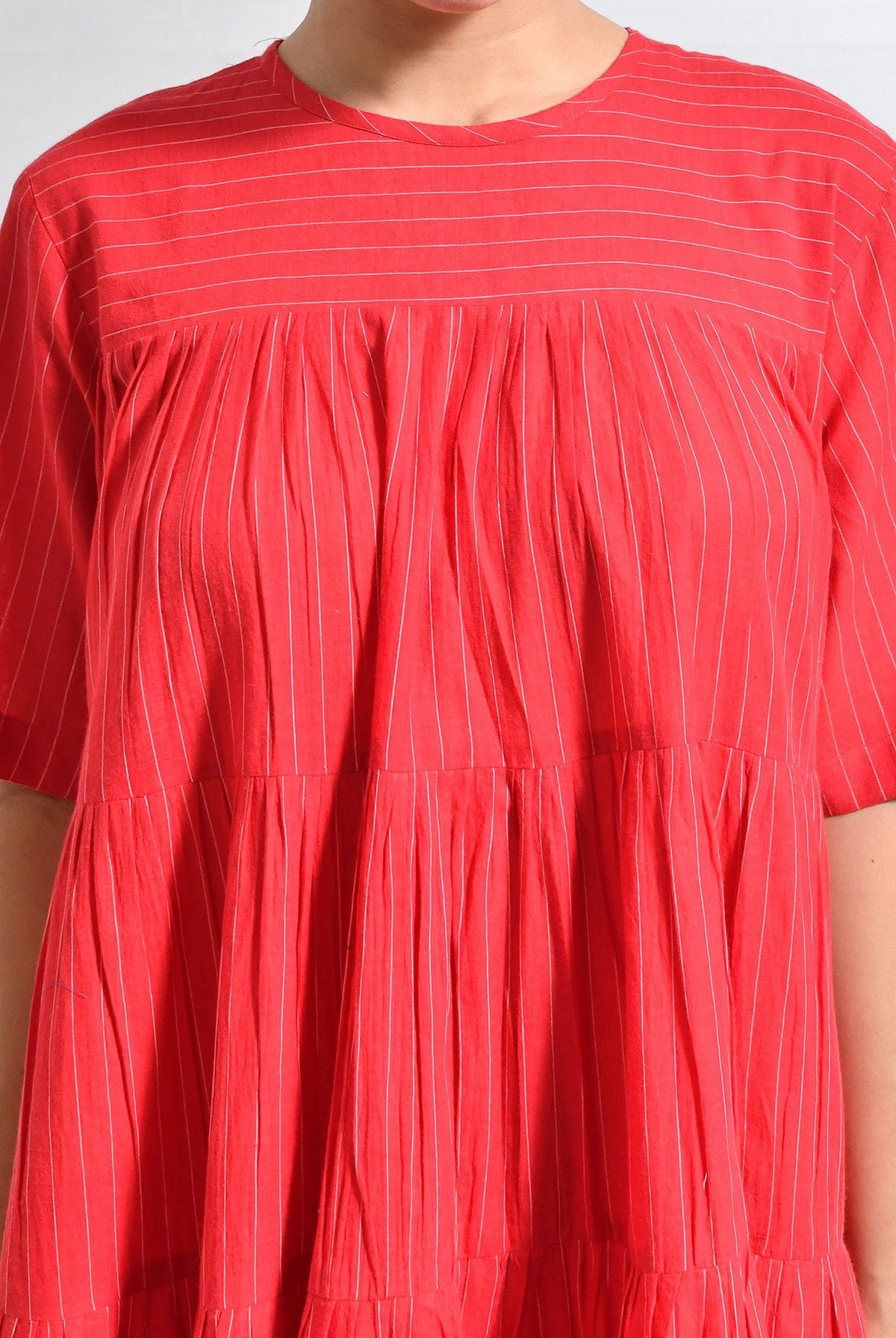 Khadi Striped Tier Dress - Red - CiceroniDressesHiranya