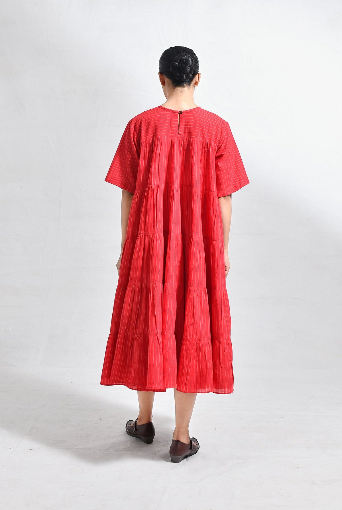 Khadi Striped Tier Dress - Red - CiceroniDressesHiranya