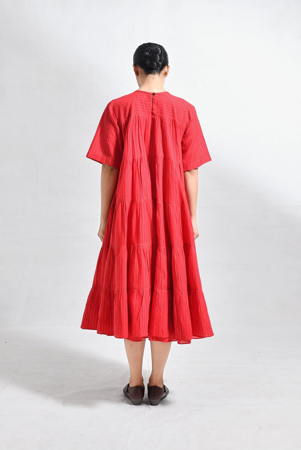 Khadi Striped Tier Dress - Red - CiceroniDressesHiranya