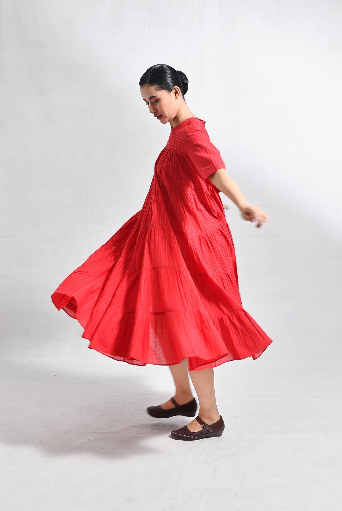 Khadi Striped Tier Dress - Red - CiceroniDressesHiranya