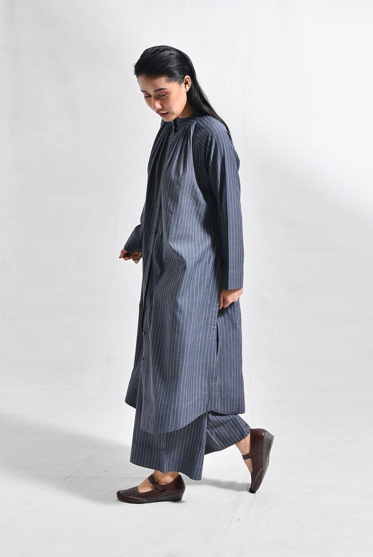 Khadi Stripes Neck - Gather Co - Ord (Set of 2) - Charcoal - CiceroniKurta Set, Everyday WearHiranya