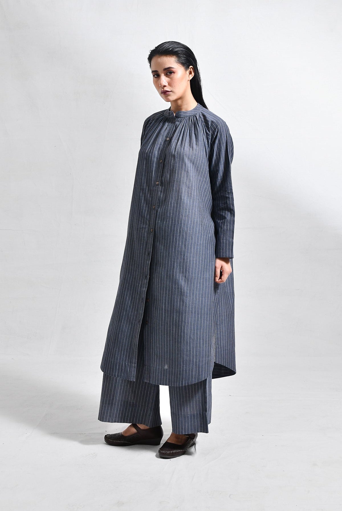 Khadi Stripes Neck - Gather Co - Ord (Set of 2) - Charcoal - CiceroniKurta Set, Everyday WearHiranya